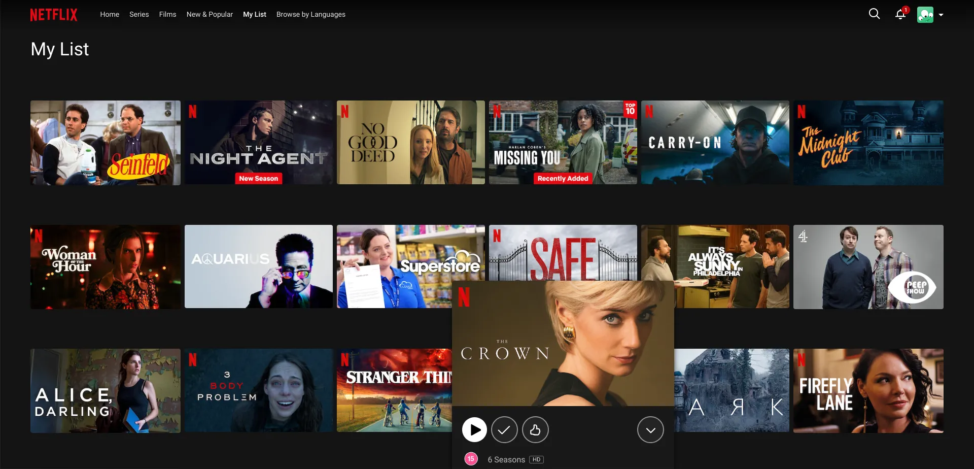 Giao diện Netflix hiển thị lựa chọn một chương trình để xóa khỏi &quot;My List&quot;, minh họa bước đầu tiên trong quá trình xóa watchlist.