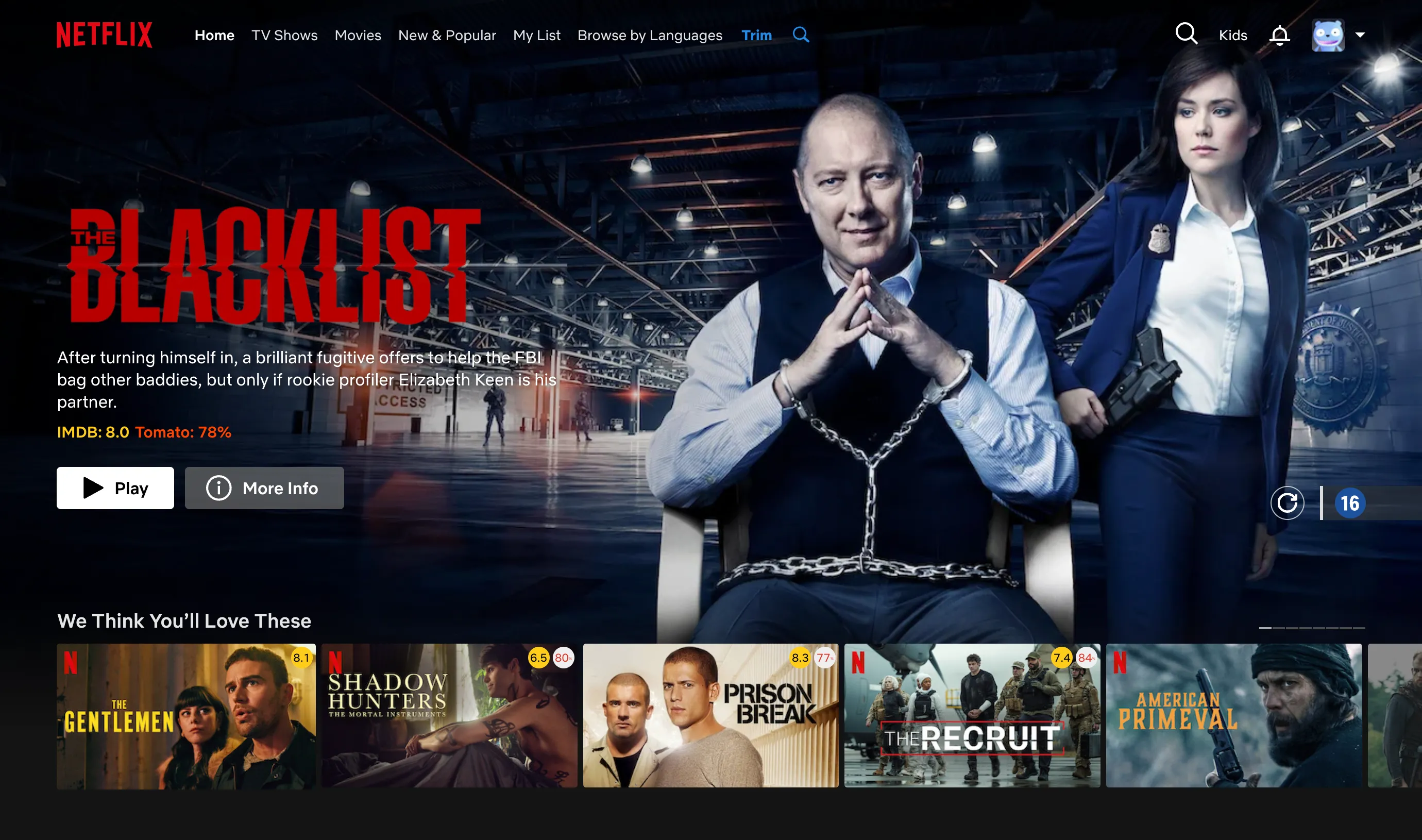 Giao diện Netflix trên trình duyệt khi đã cài Trim, hiển thị điểm IMDb và Rotten Tomatoes ngay trên ảnh bìa phim