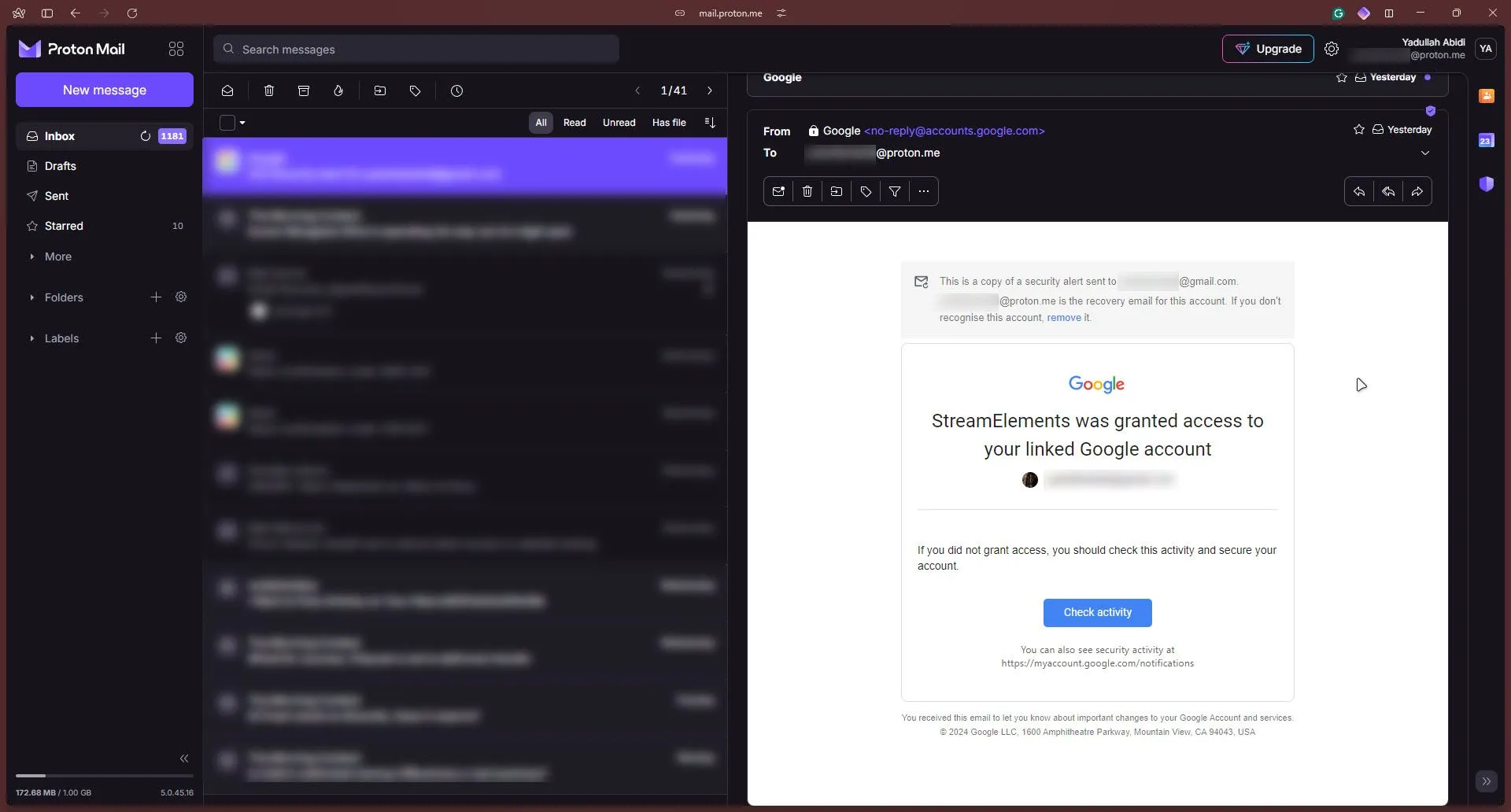 Giao diện người dùng của Proton Mail hiển thị hộp thư đến và email được mã hóa