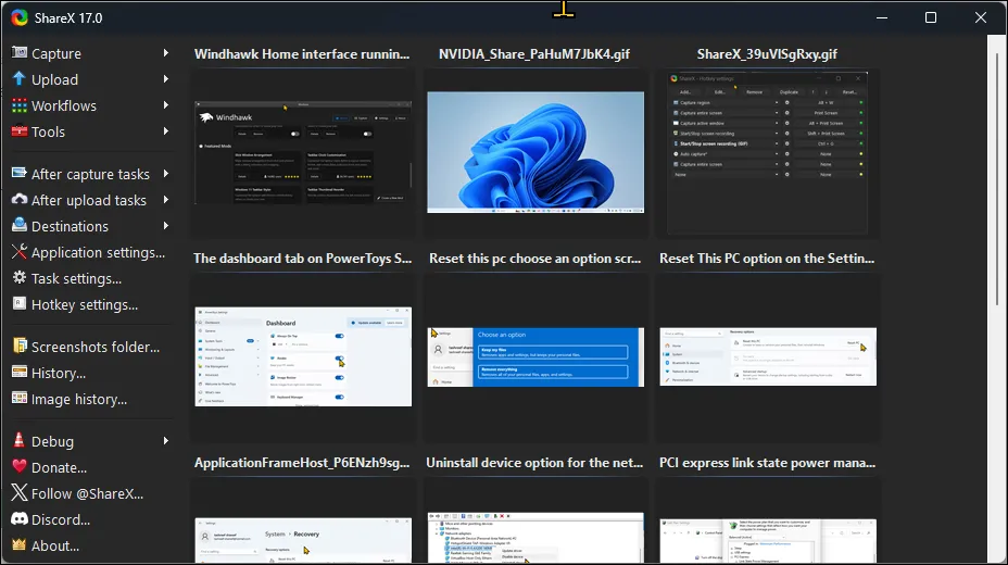 Giao diện người dùng ShareX trên Windows 11