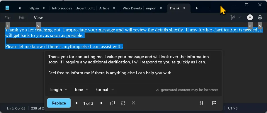Giao diện Notepad trên Windows 11 với chế độ tối (Dark Mode) được kích hoạt