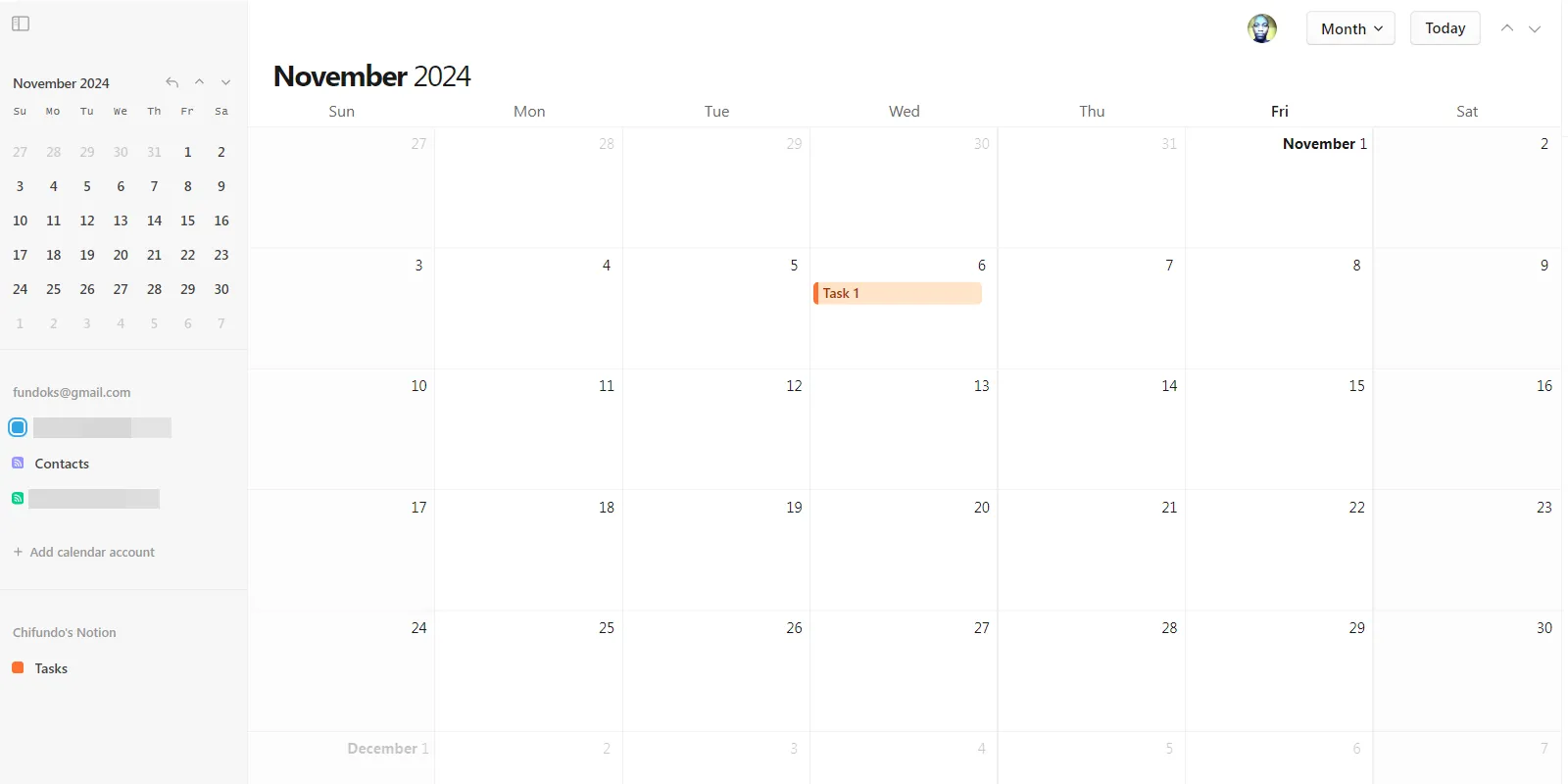 Giao diện Notion Calendar hiển thị các nhiệm vụ và sự kiện từ database Notion.