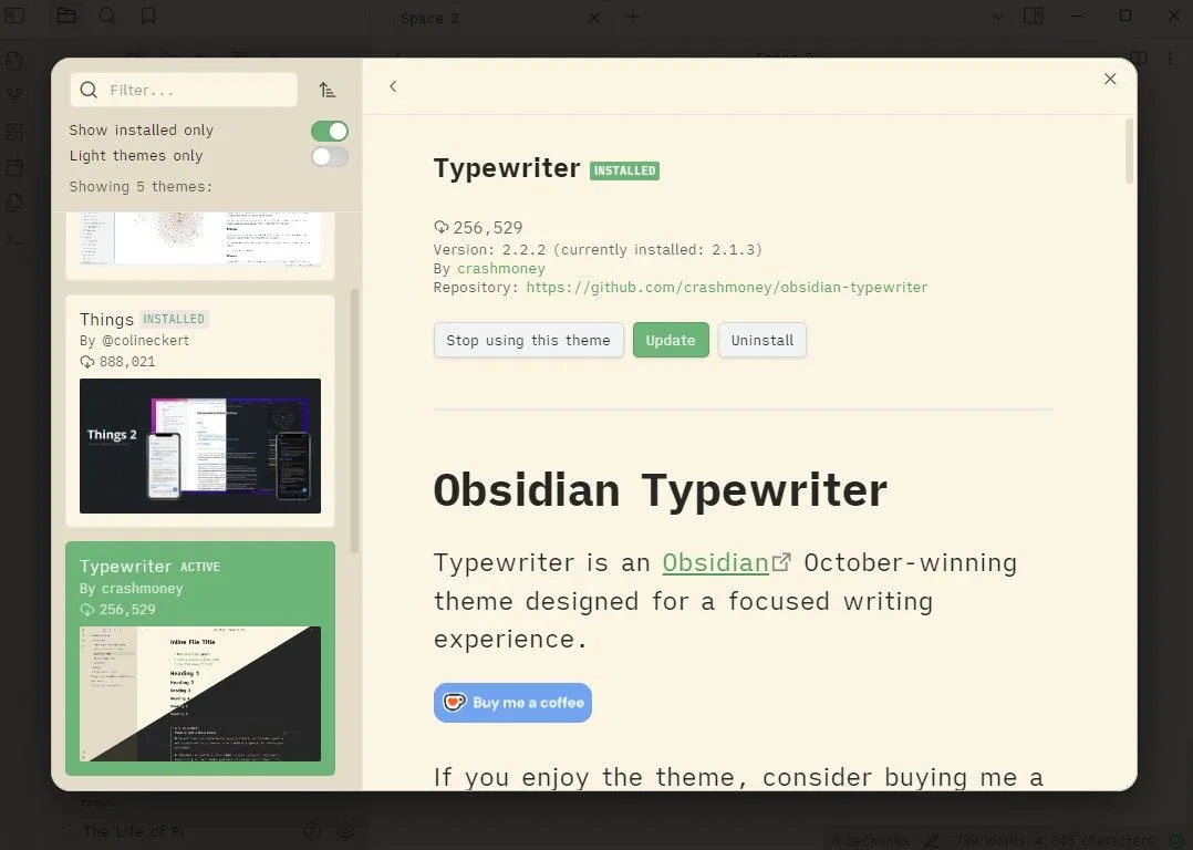 Giao diện Obsidian với chủ đề Typewriter mang phong cách máy đánh chữ cổ điển