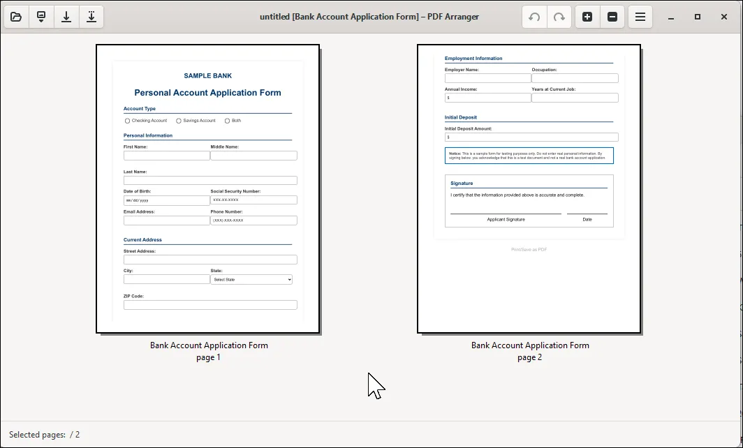 Giao diện PDF Arranger hiển thị các trang PDF dưới dạng hình thu nhỏ để dễ dàng sắp xếp lại