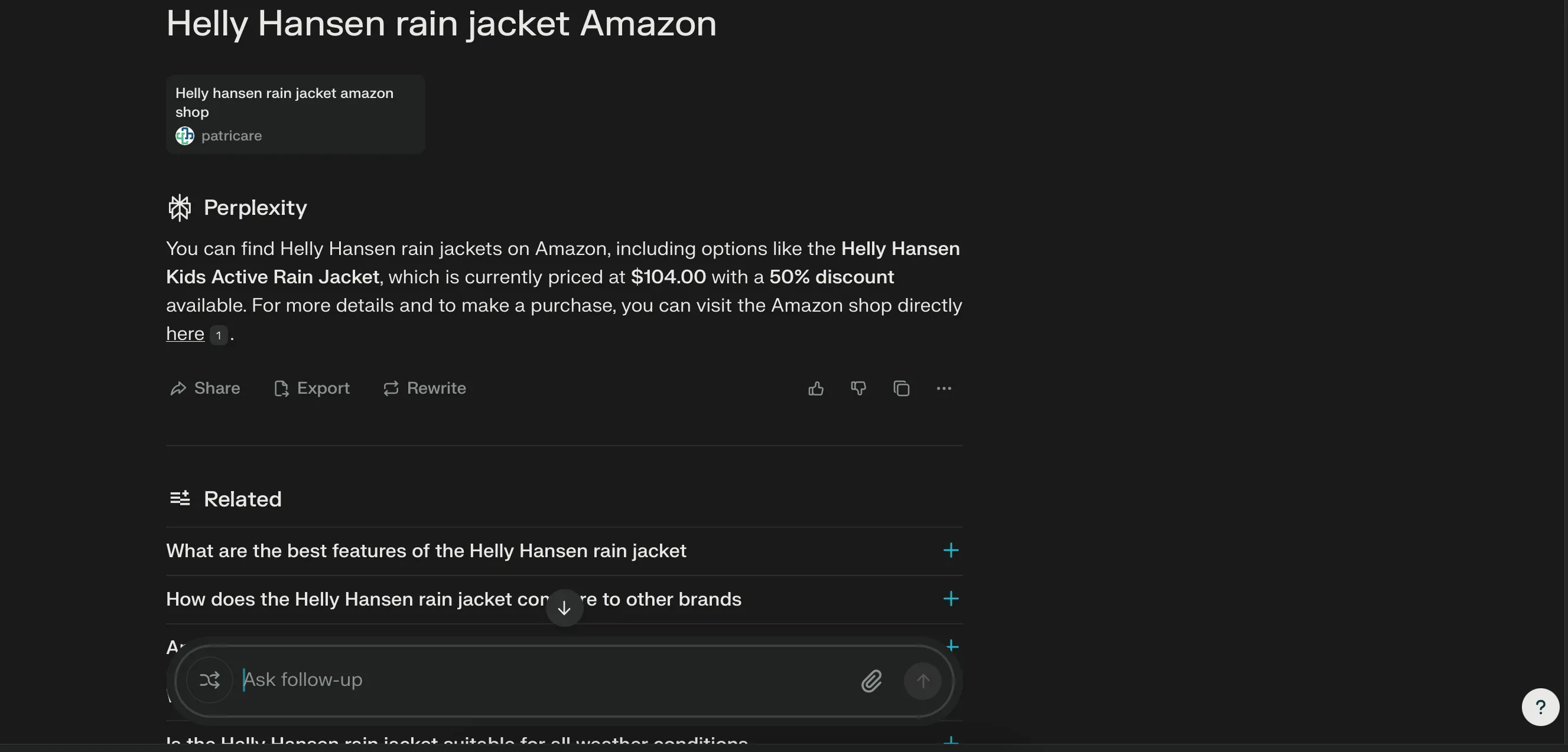 Giao diện Perplexity AI hiển thị kết quả tìm kiếm áo khoác mưa Helly Hansen trên Amazon