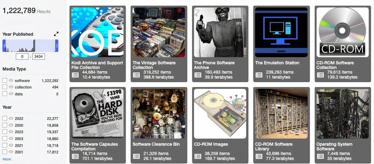 Giao diện phần mềm của Internet Archive, cho phép người dùng khám phá và chơi các trò chơi retro và phần mềm cổ.