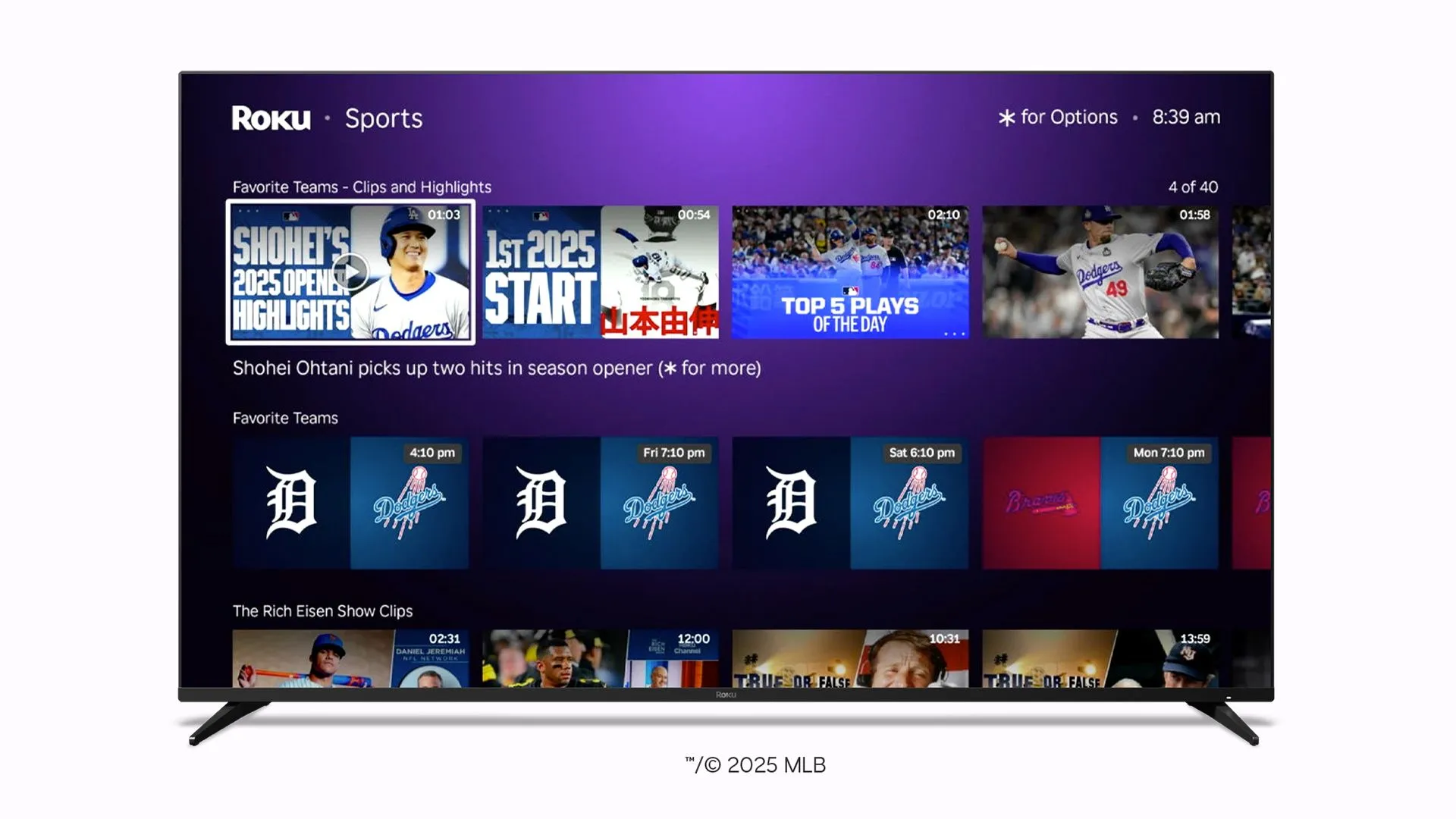 Giao diện phần mềm Roku hiển thị mục Sports Zone với các highlight thể thao cá nhân hóa.