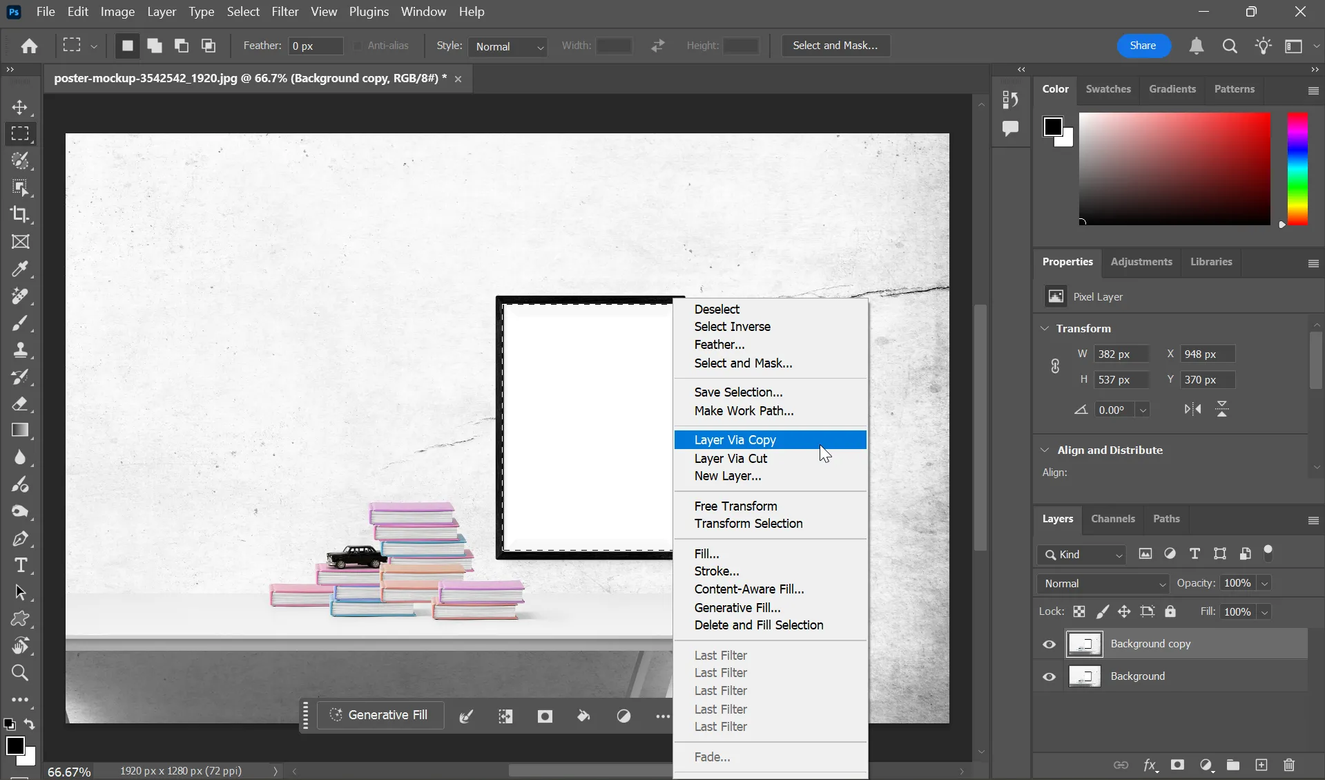 Giao diện Photoshop hiển thị cách chọn vùng nền bằng Rectangular Marquee Tool để tạo khung cho ảnh 3D pop-out