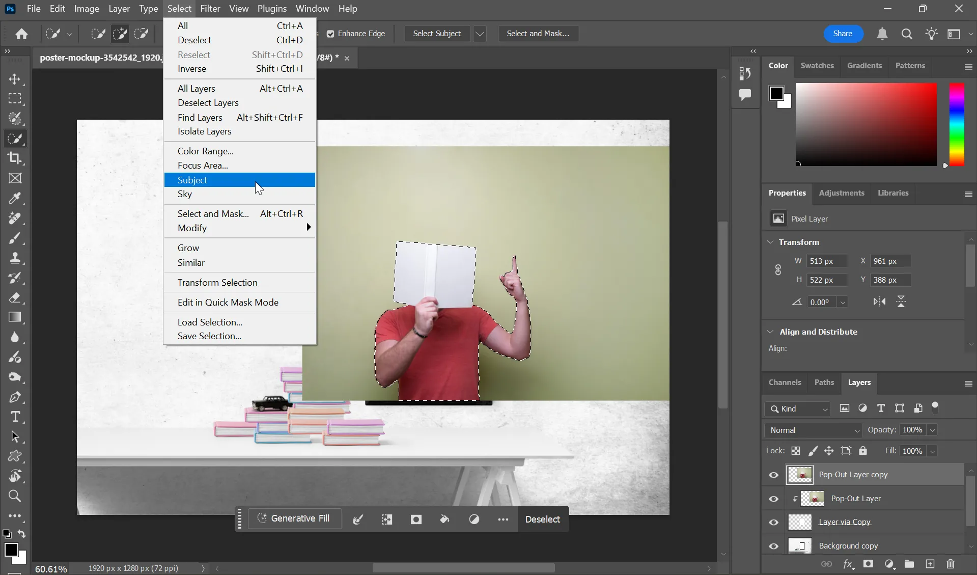 Giao diện Photoshop hiển thị cách sử dụng Select Subject để chọn nhanh chủ thể cần &quot;nổi khối&quot; trong hiệu ứng ảnh 3D pop-out