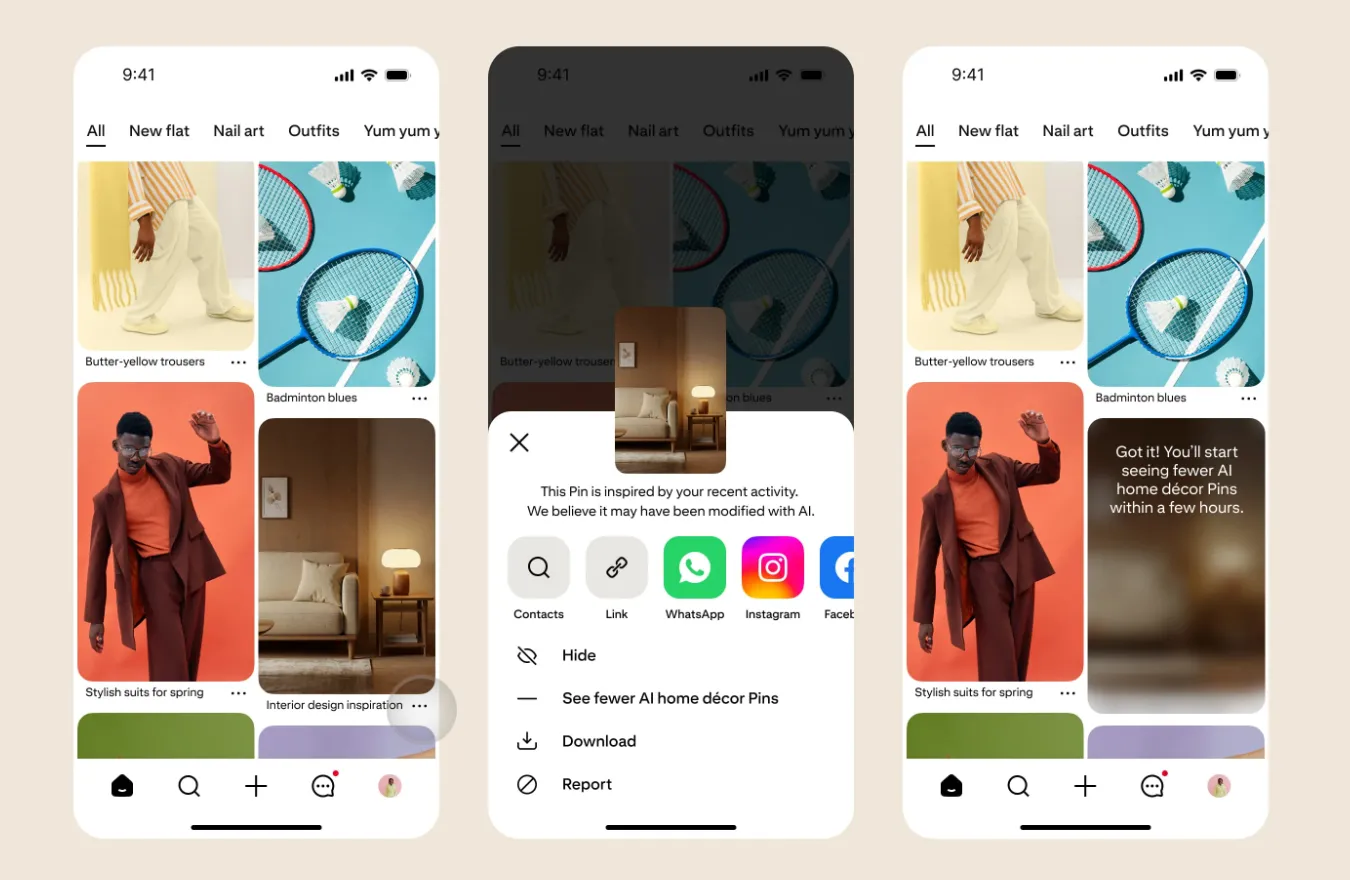 Giao diện Pinterest hiển thị tùy chọn lọc bớt các ghim (pins) được gắn nhãn AI