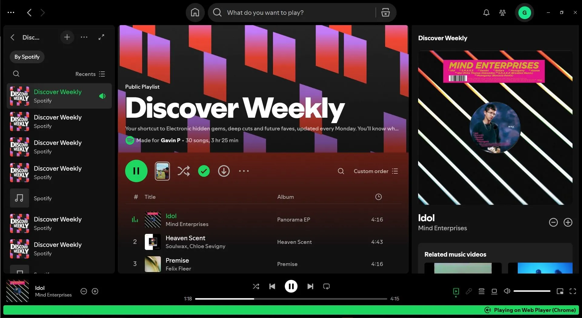 Giao diện playlist Discover Weekly của Spotify trên máy tính với bảng điều khiển "Đang phát"