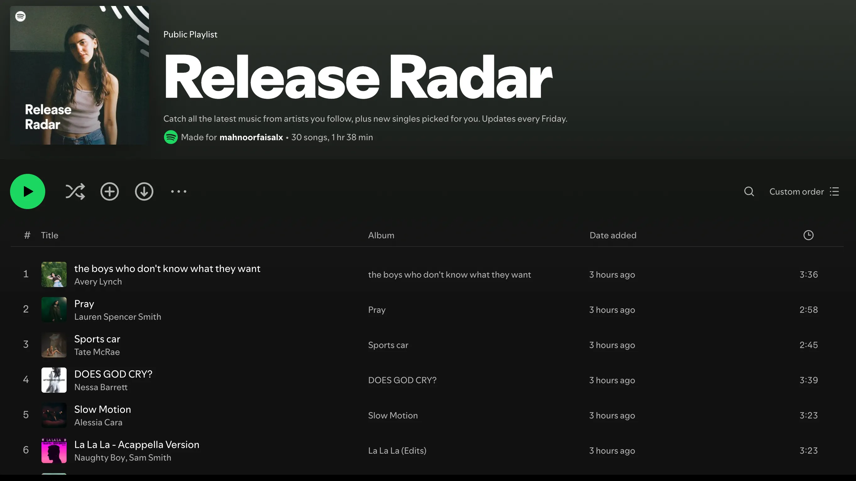giao diện playlist Release Radar của Spotify chứa các bản nhạc mới được phát hành