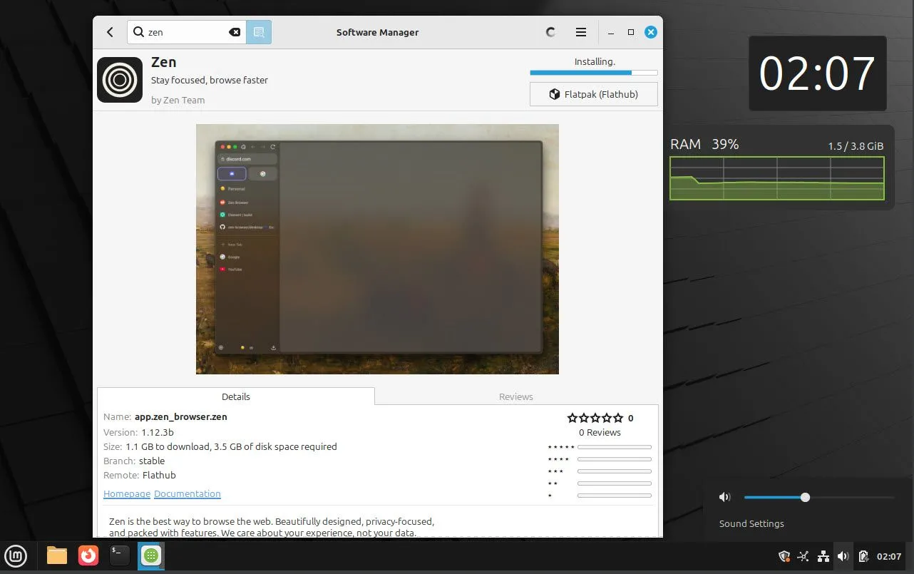 Giao diện quản lý phần mềm (Software Manager) đang chạy trên Linux Mint