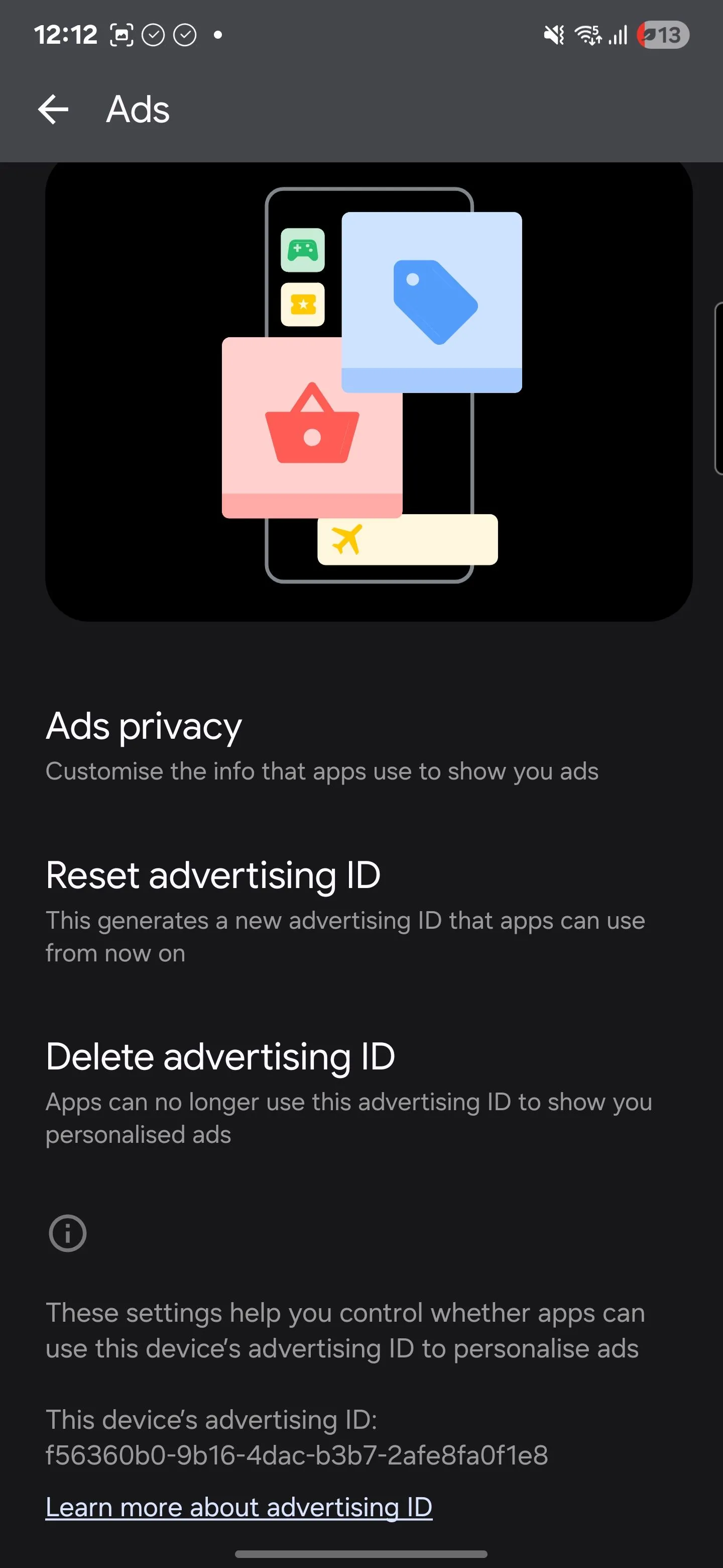 Giao diện quản lý quảng cáo Google trên Android, cho phép người dùng xóa 'ID quảng cáo' để ngừng cá nhân hóa quảng cáo dựa trên hành vi.
