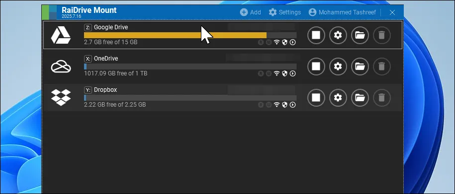 Giao diện RaiDrive hiển thị các ổ đĩa đám mây đã được gắn thành công trên Windows 11, sẵn sàng để truy cập và quản lý file.