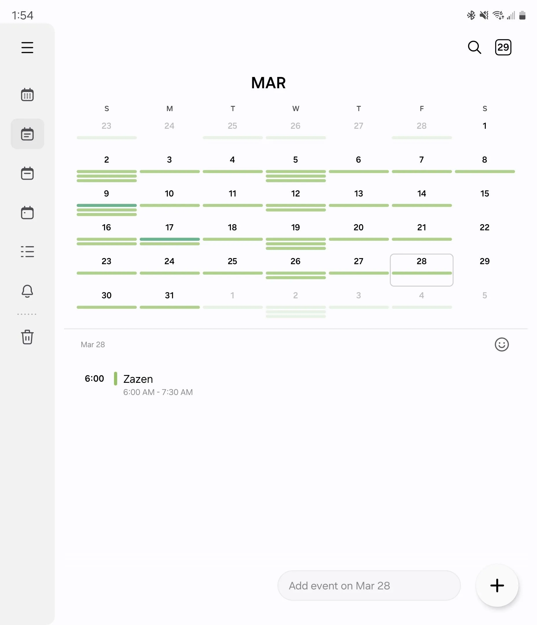 Giao diện Samsung Calendar hiển thị đồng thời chế độ xem tháng và ngày trên Galaxy Z Fold 6
