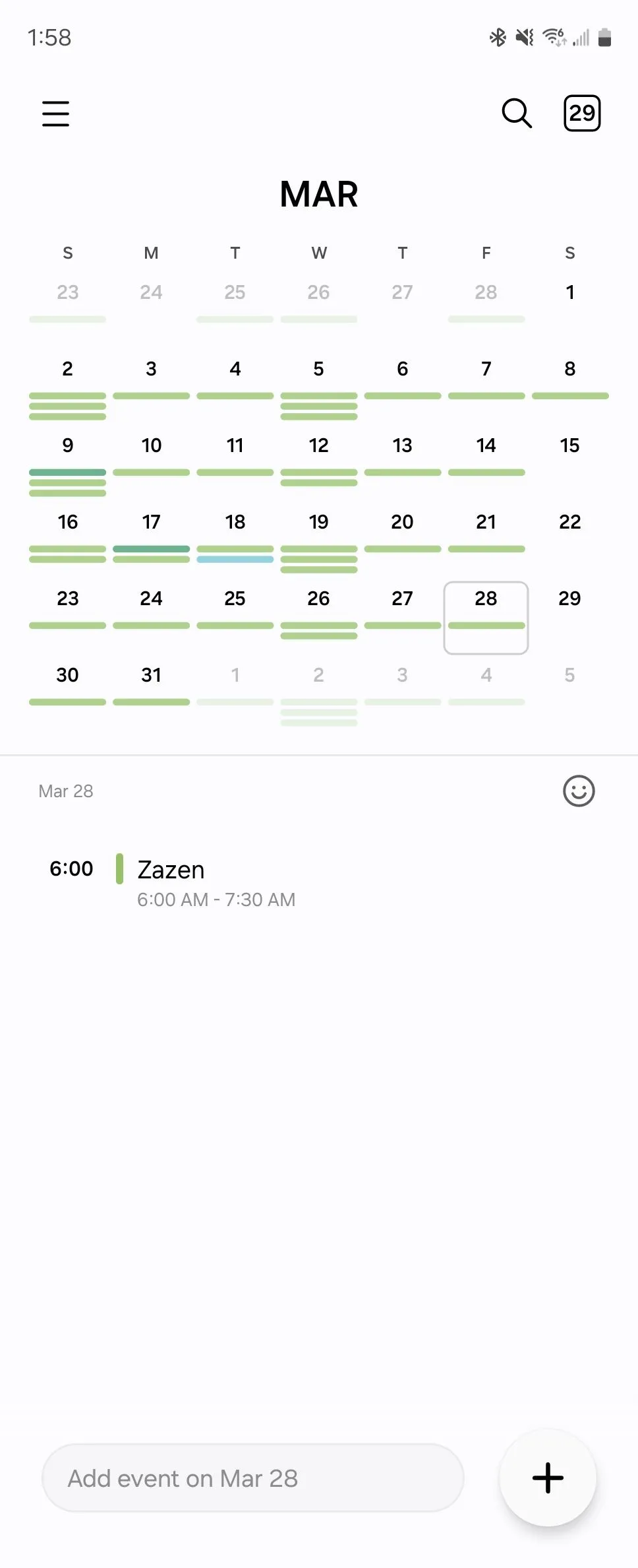 Giao diện Samsung Calendar với trường nhập liệu nhanh sự kiện ở cuối màn hình