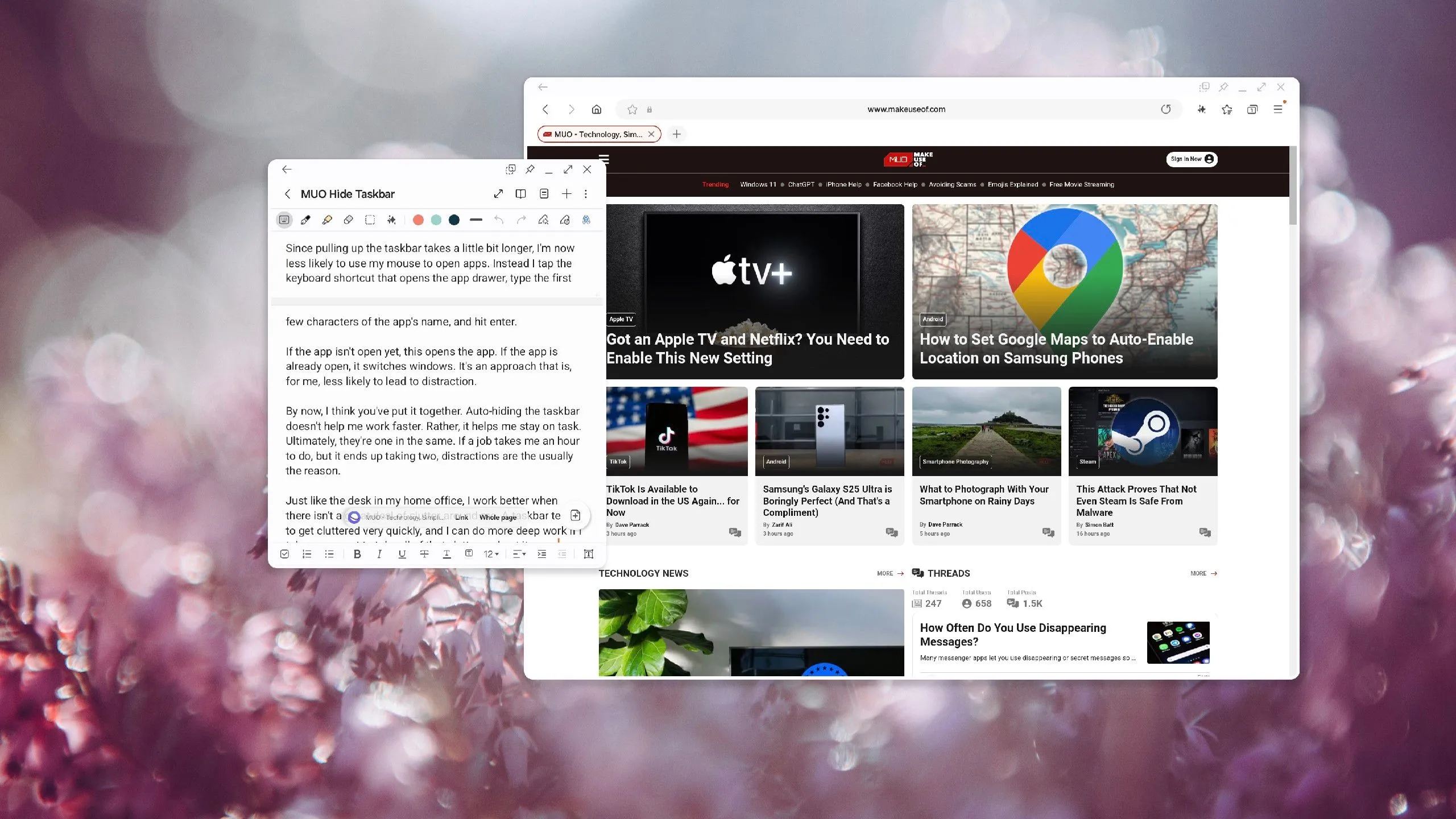 Giao diện Samsung DeX với ứng dụng Samsung Notes và Samsung Internet đang mở trên màn hình ngoài, minh họa khả năng làm việc như máy tính của điện thoại.