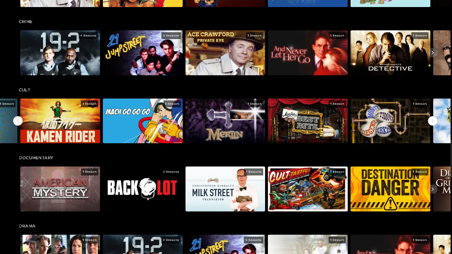 Giao diện Shout Factory TV với tuyển tập các bộ phim và chương trình truyền hình kinh điển, mang đến trải nghiệm giải trí độc đáo.