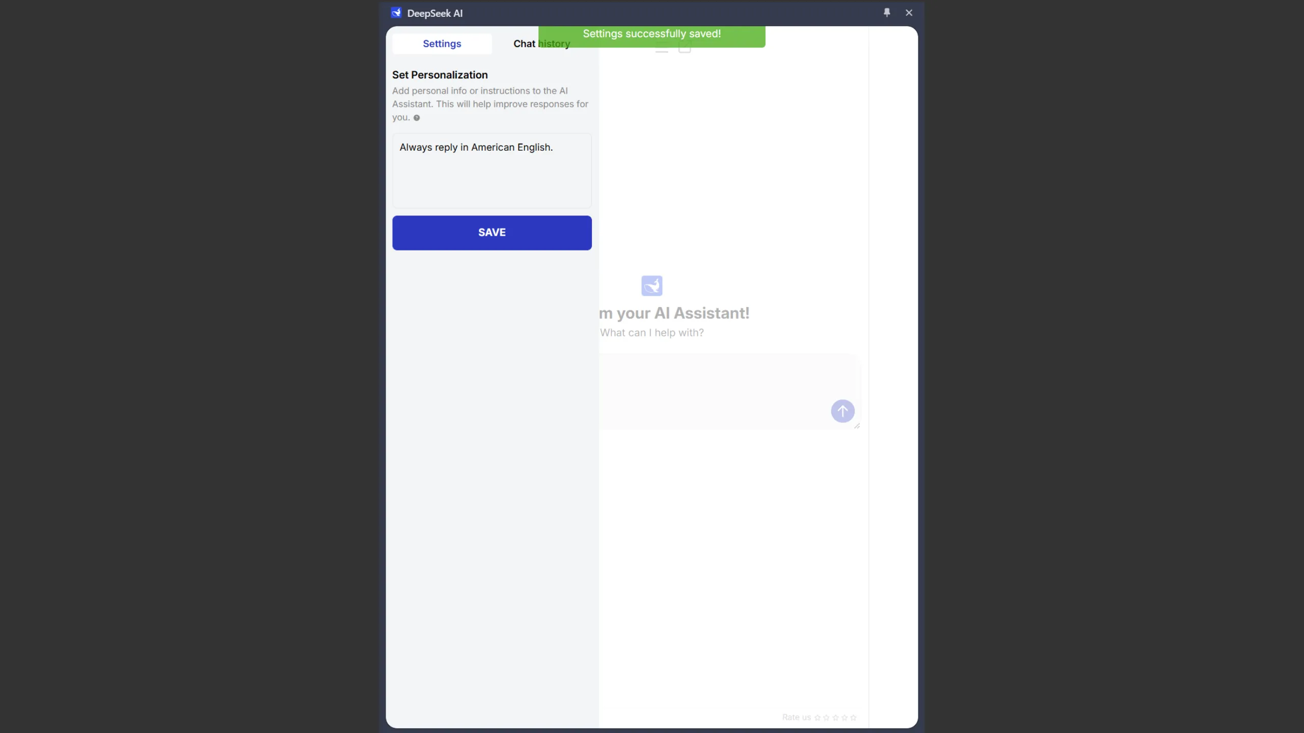 Giao diện sidebar của tiện ích DeepSeek AI trên Chrome bởi deepseekai.works, hiển thị tùy chọn cá nhân hóa để điều chỉnh phản hồi AI.
