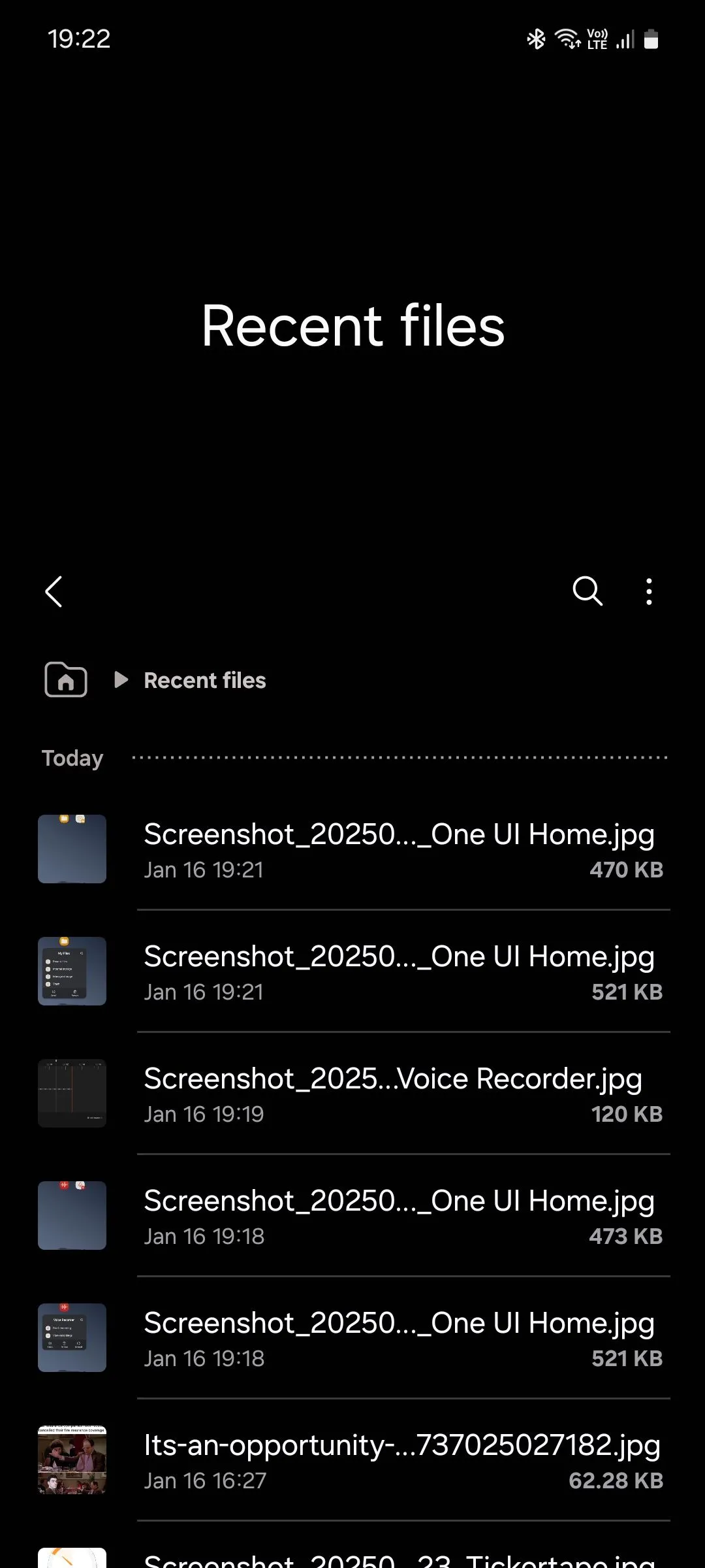Giao diện 'Tệp gần đây' trong Samsung My Files, hiển thị các tệp đã truy cập gần đây nhất