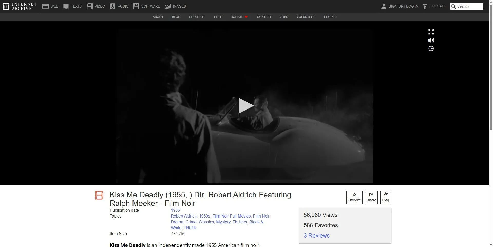 Giao diện The Internet Archive hiển thị bộ phim cổ điển Kiss Me Deadly năm 1955, minh họa thư viện phim cũ trực tuyến.