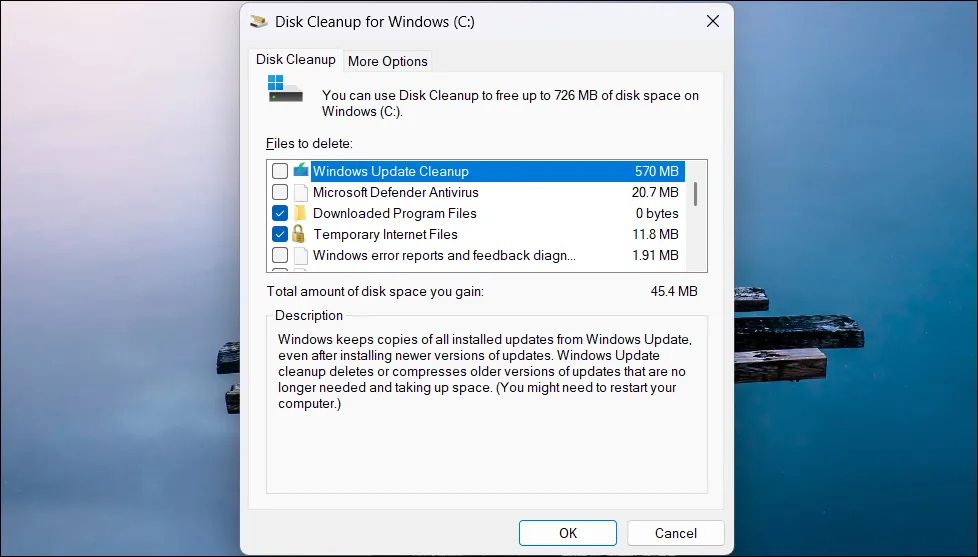 Giao diện tiện ích Dọn dẹp ổ đĩa của Windows 11 đang chạy