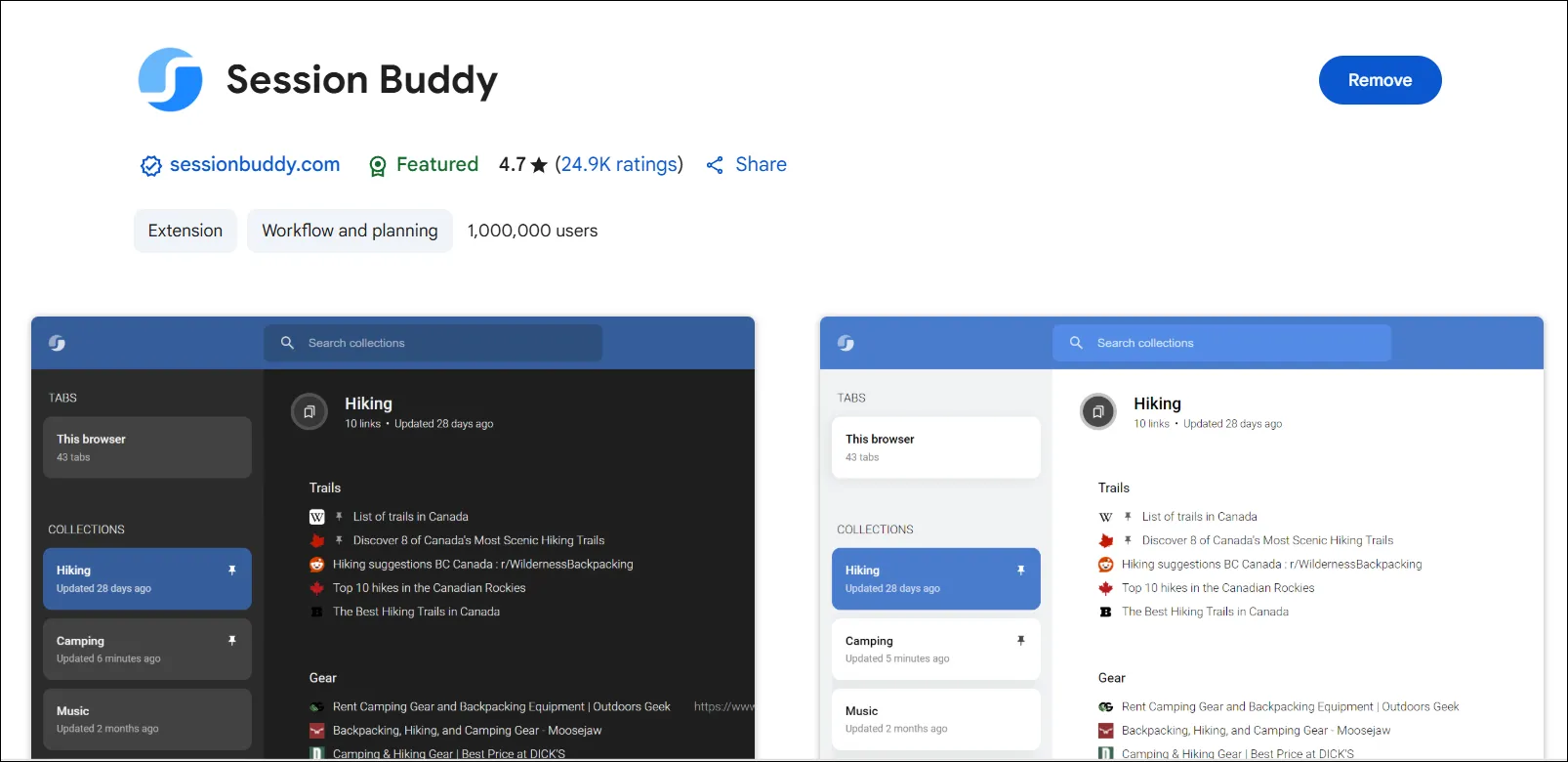 Giao diện tiện ích mở rộng Session Buddy trên Chrome giúp quản lý các tab đang mở