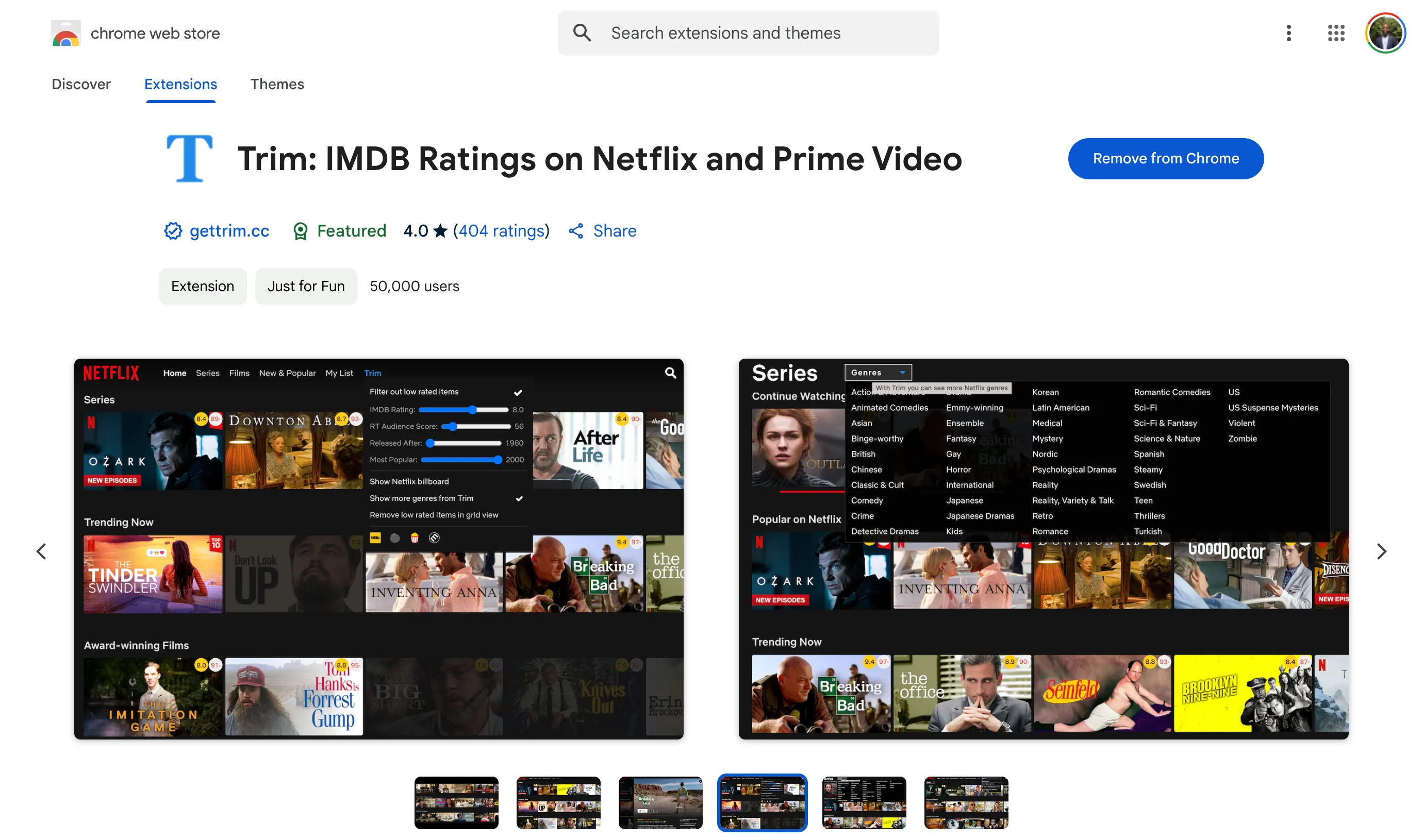 Giao diện tiện ích Trim trên Chrome Web Store với thông tin chi tiết và nút cài đặt