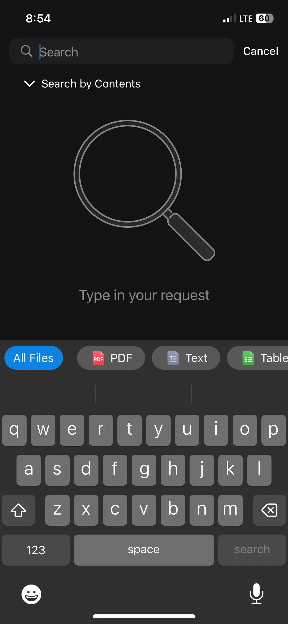 Giao diện tìm kiếm theo nội dung trong ứng dụng Documents by Readdle trên iPhone, cho phép người dùng tìm kiếm văn bản trong tài liệu.