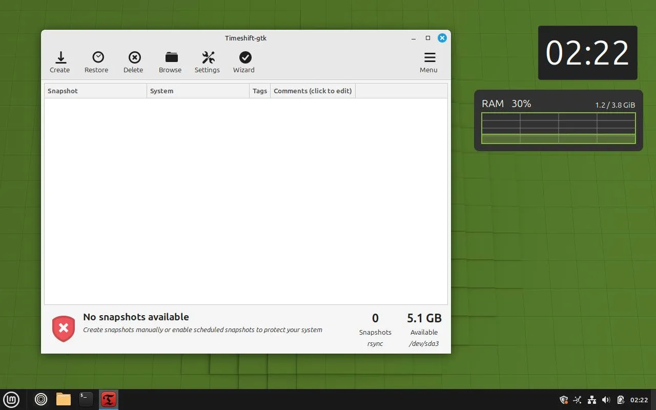 Giao diện Timeshift trên Linux Mint