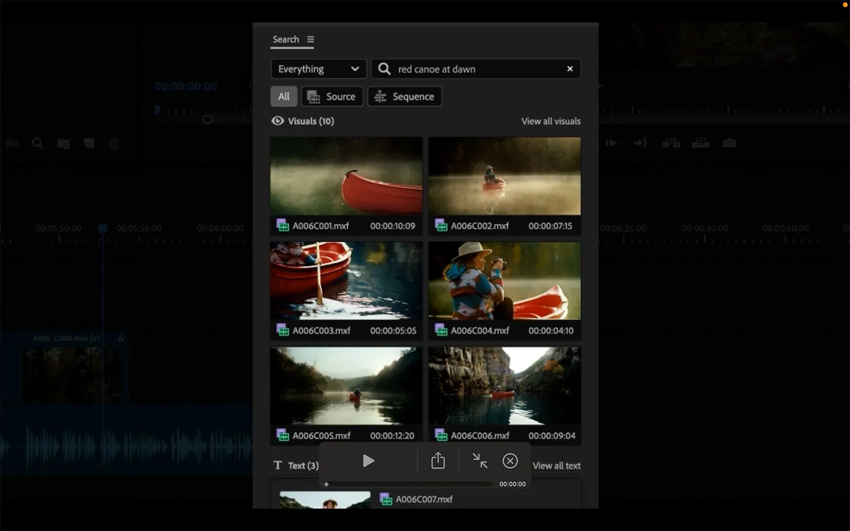 Giao diện tính năng tìm kiếm thông minh bằng AI trong Adobe Premiere Pro
