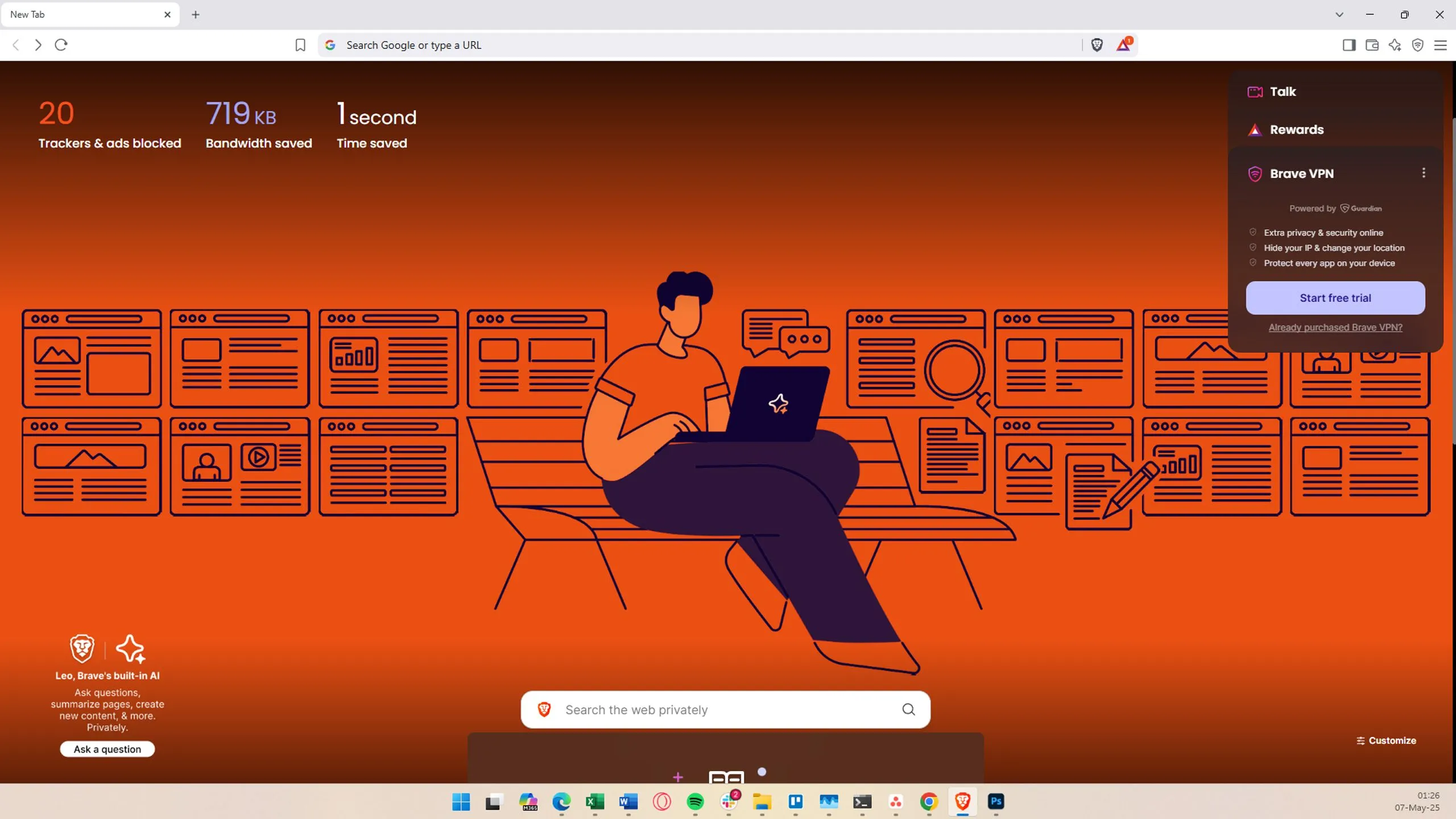 Giao diện trang chủ của trình duyệt Brave Browser trên điện thoại, nhấn mạnh khả năng chặn quảng cáo và bảo vệ quyền riêng tư.