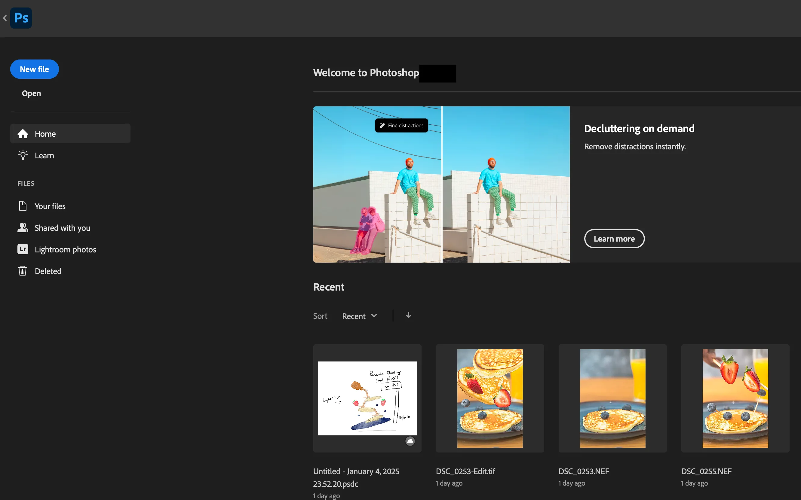 Giao diện trang chủ Photoshop với các tùy chọn chỉnh sửa ảnh chuyên nghiệp