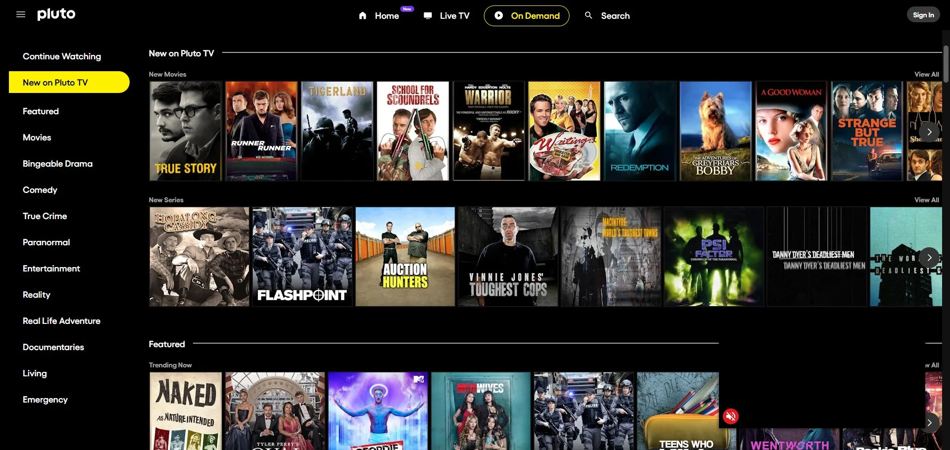 Giao diện trang chủ Pluto TV, dịch vụ streaming FAST phổ biến