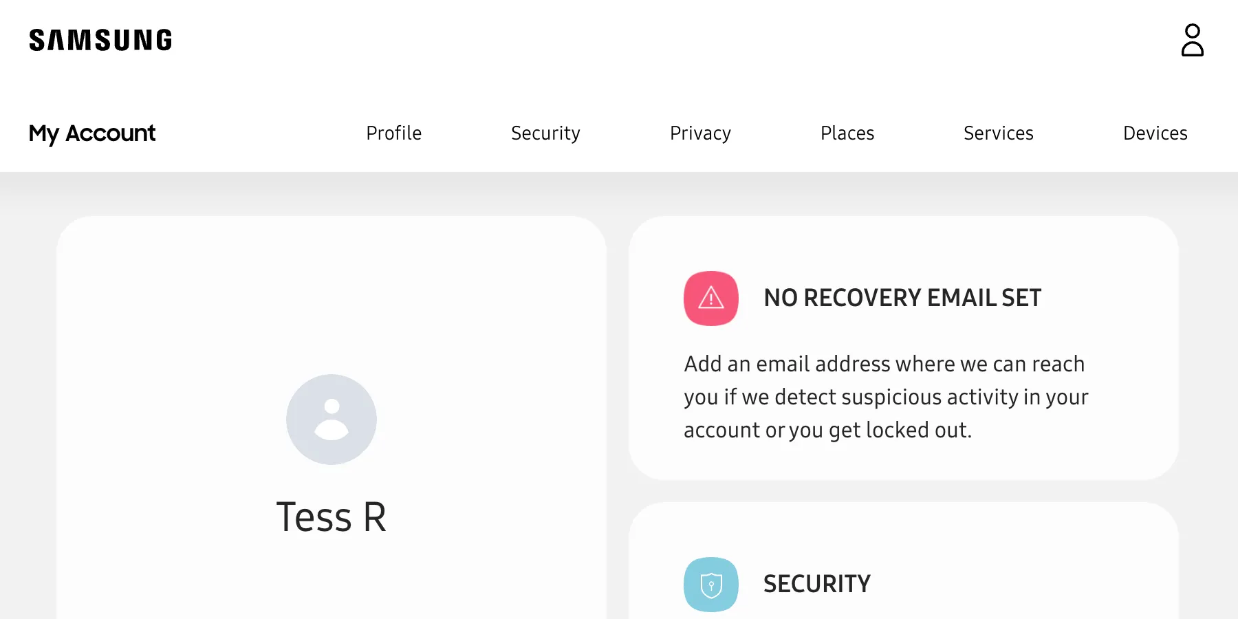 Giao diện trang chủ Samsung Account sau khi đăng nhập