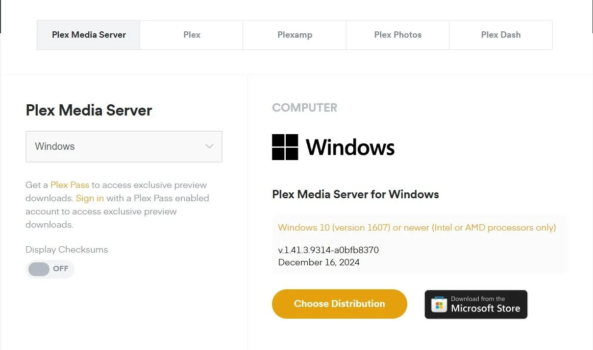 Giao diện trang tải xuống Plex Media Server dành cho Windows với các tùy chọn cài đặt.