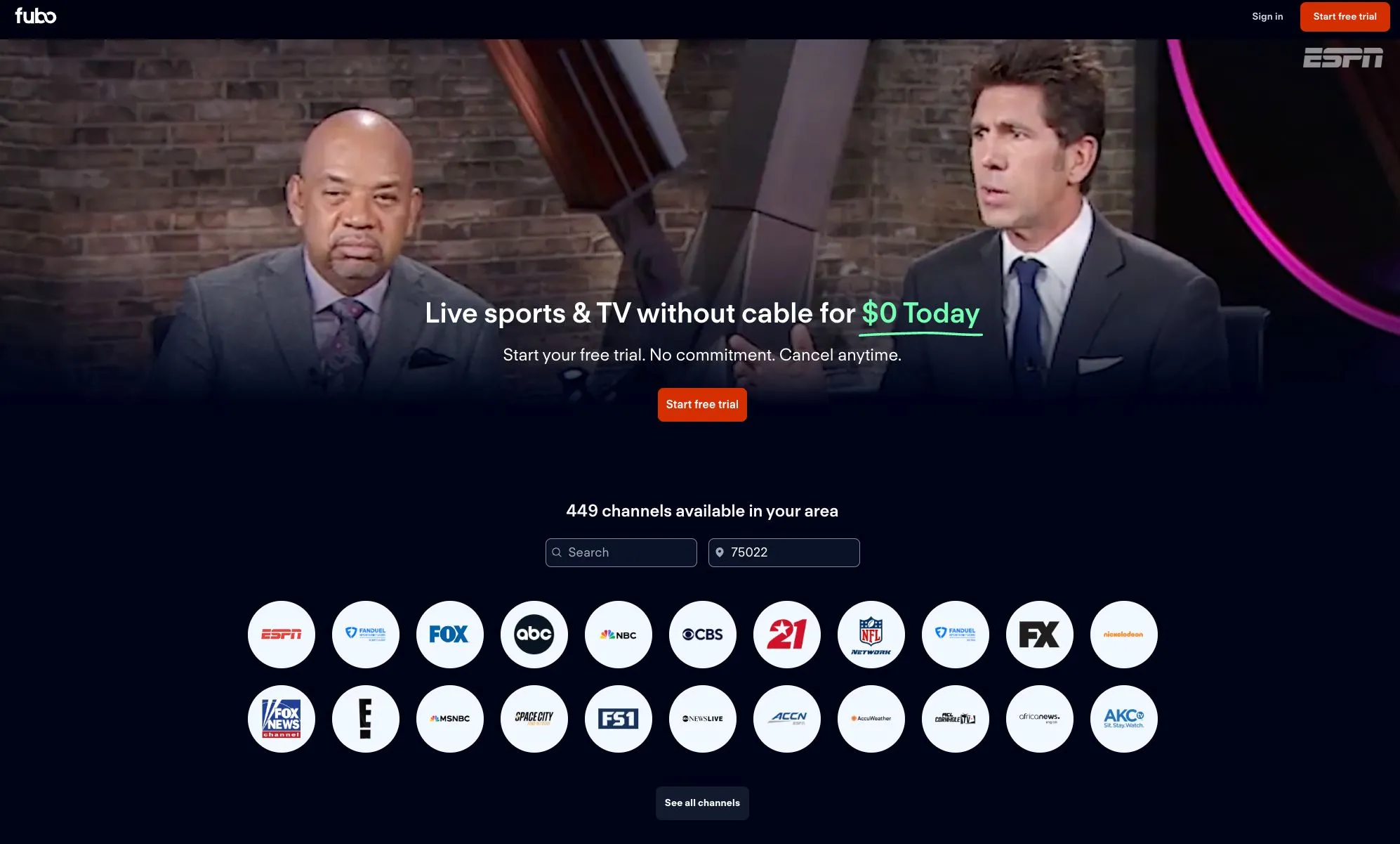Giao diện trang web Fubo TV hiển thị các tùy chọn gói dịch vụ và thông tin chương trình