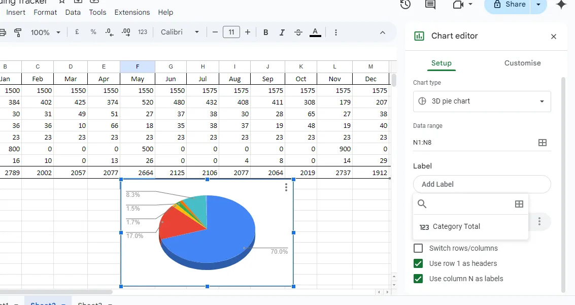 Giao diện trình chỉnh sửa biểu đồ trong Google Sheets cho phép tùy chỉnh biểu đồ dễ dàng