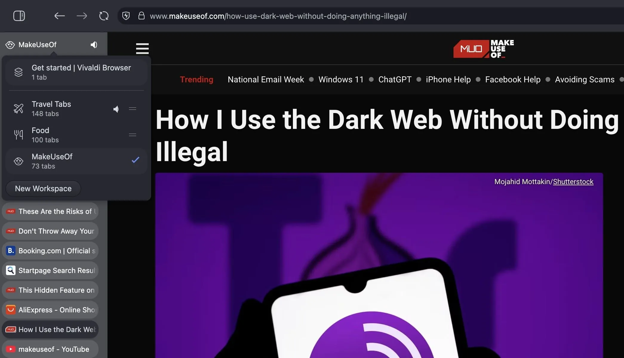 Giao diện trình duyệt Vivaldi với các không gian làm việc (Workspaces) và hàng trăm tab