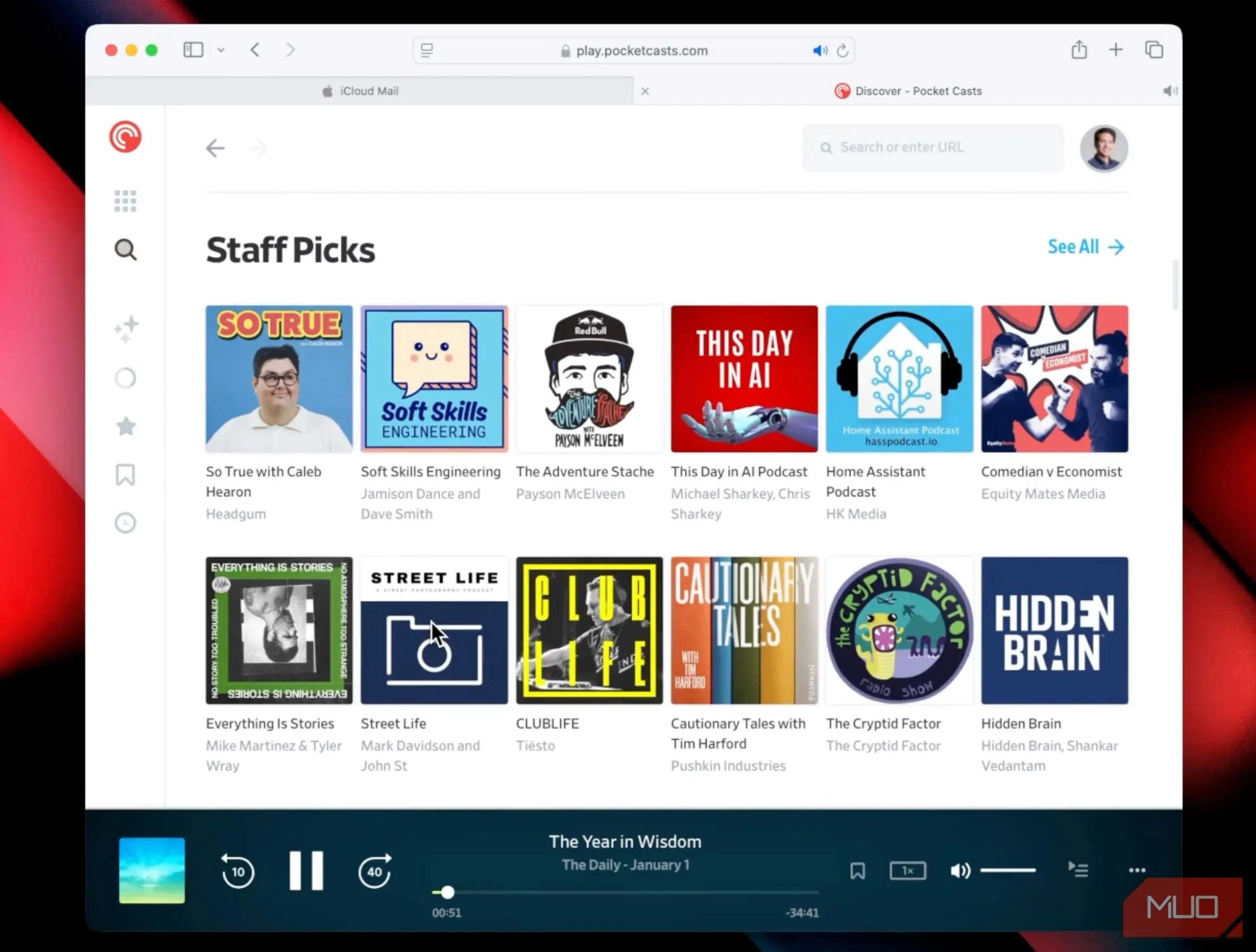 Giao diện trình phát podcast Pocket Casts trên nền tảng web, thể hiện cách người dùng có thể dễ dàng truy cập và nghe các chương trình yêu thích.