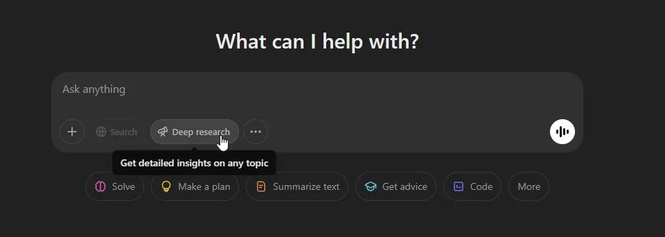 Giao diện tùy chọn tính năng Deep Research trong ứng dụng web ChatGPT
