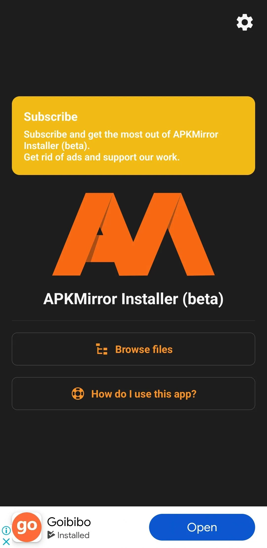 Giao diện ứng dụng APKMirror Installer trên điện thoại Android, hiển thị tùy chọn cài đặt file APK.