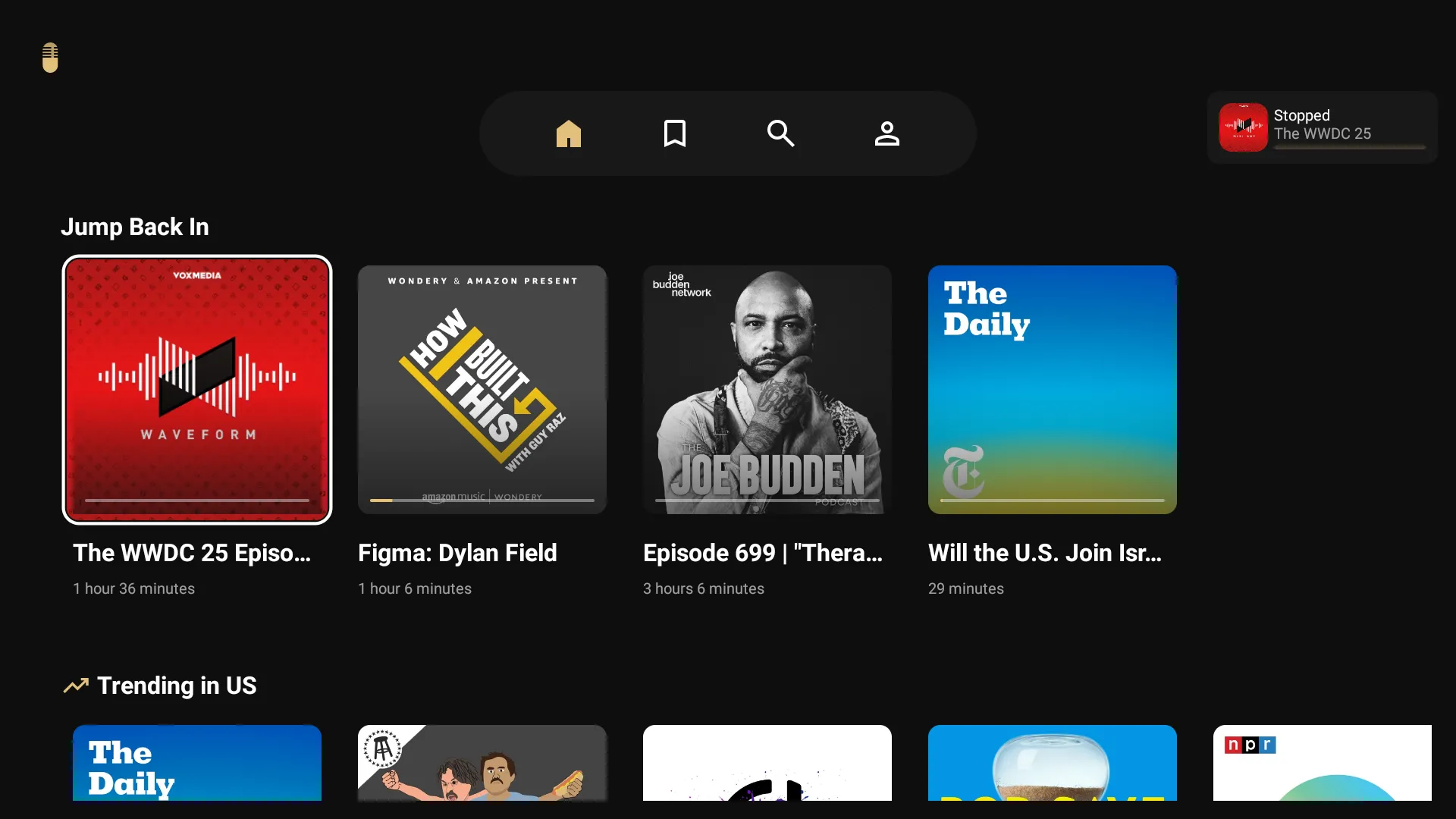 Giao diện ứng dụng Capsule Podcasts trên Android TV, hiển thị danh sách các chương trình podcast và tập mới nhất.