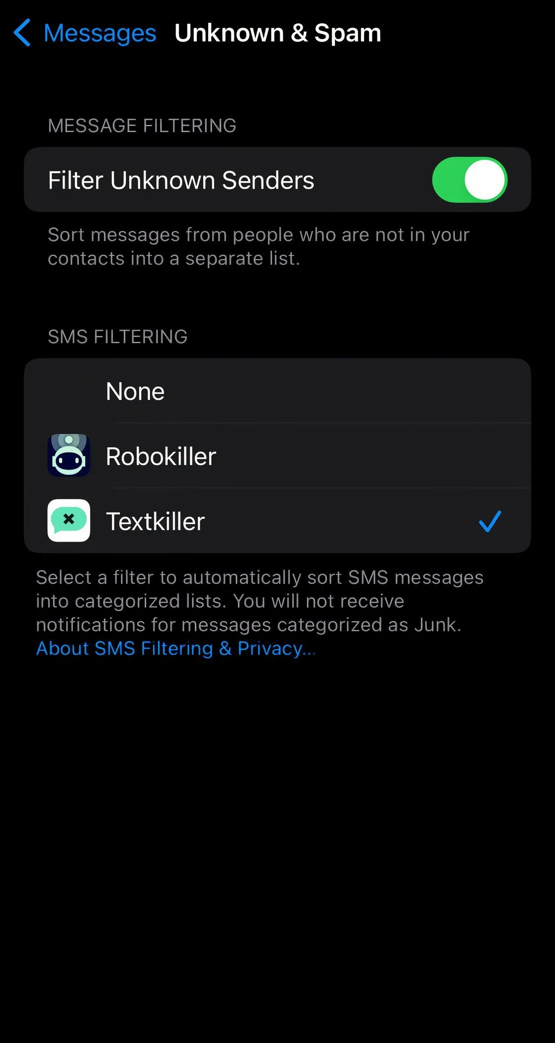 Giao diện ứng dụng chặn tin nhắn rác TextKiller trên điện thoại di động