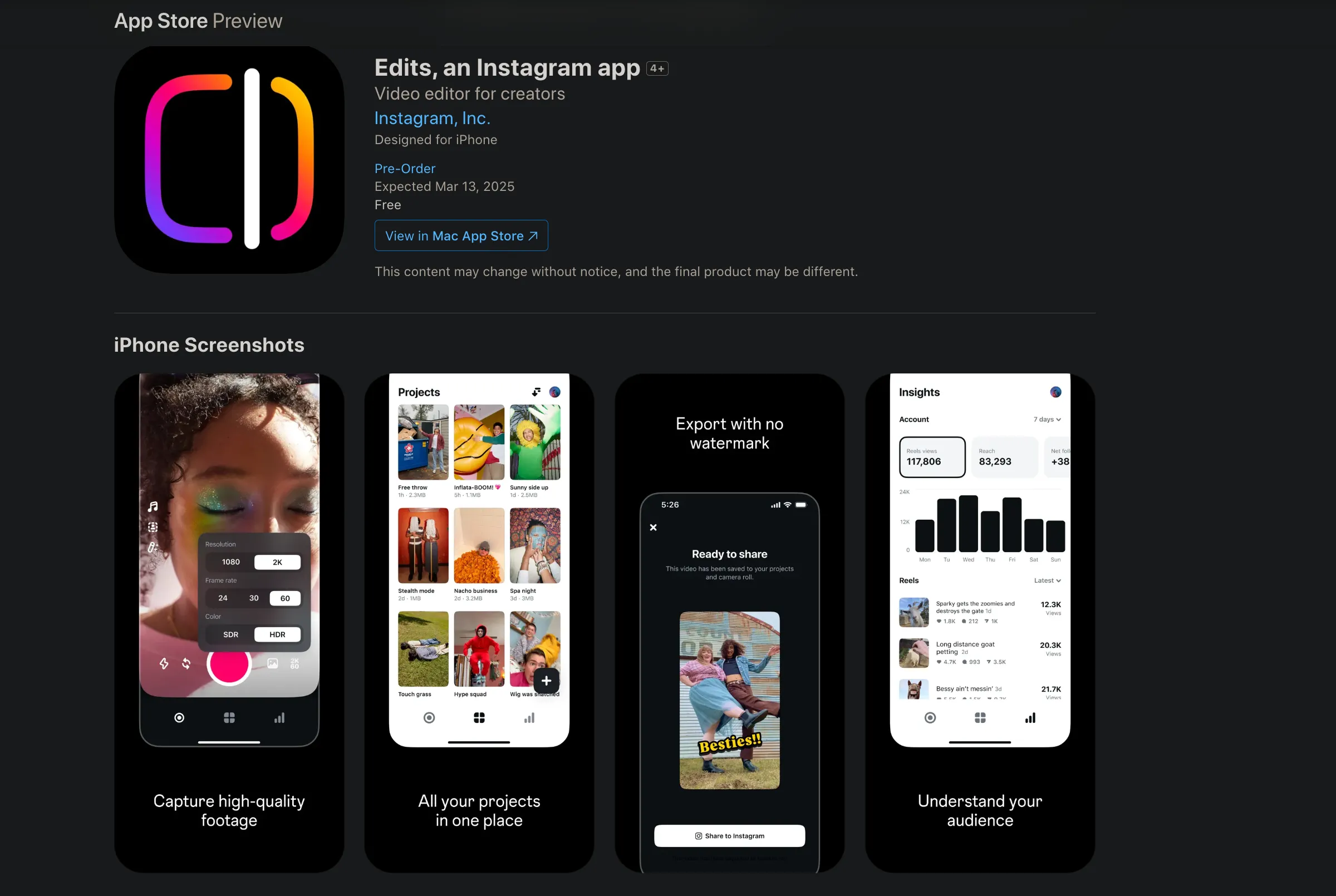 Giao diện ứng dụng Edits trên App Store cho thấy các tính năng chỉnh sửa video chuyên nghiệp và công cụ hỗ trợ nhà sáng tạo nội dung của Instagram.