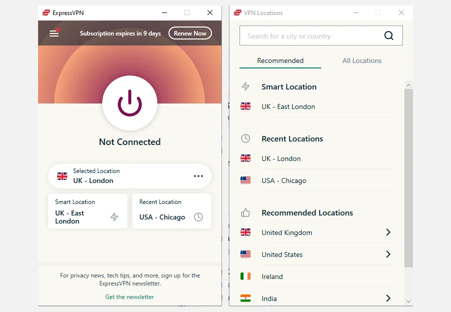 Giao diện ứng dụng ExpressVPN hiển thị menu chính và danh sách vị trí máy chủ, minh họa việc bảo vệ quyền riêng tư với VPN.