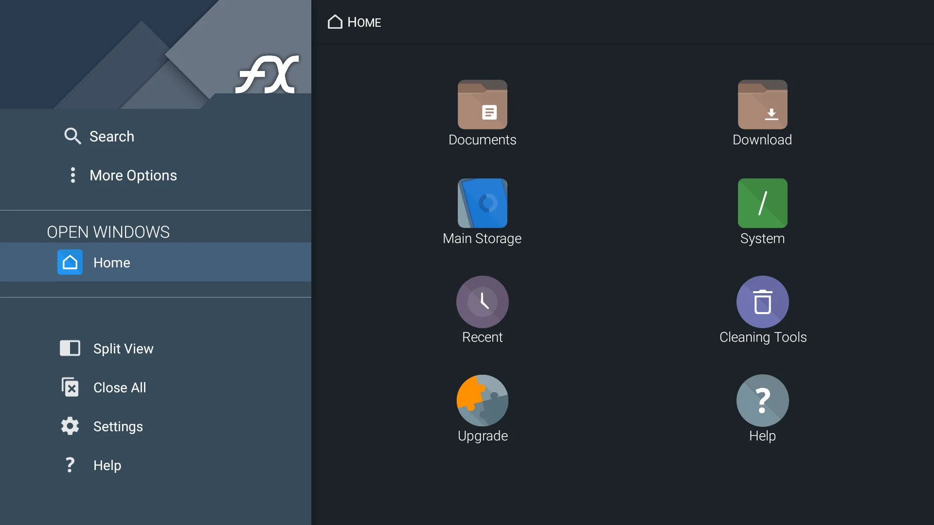 Giao diện ứng dụng FX File Explorer trên TV, hiển thị các thư mục và tùy chọn quản lý tệp.
