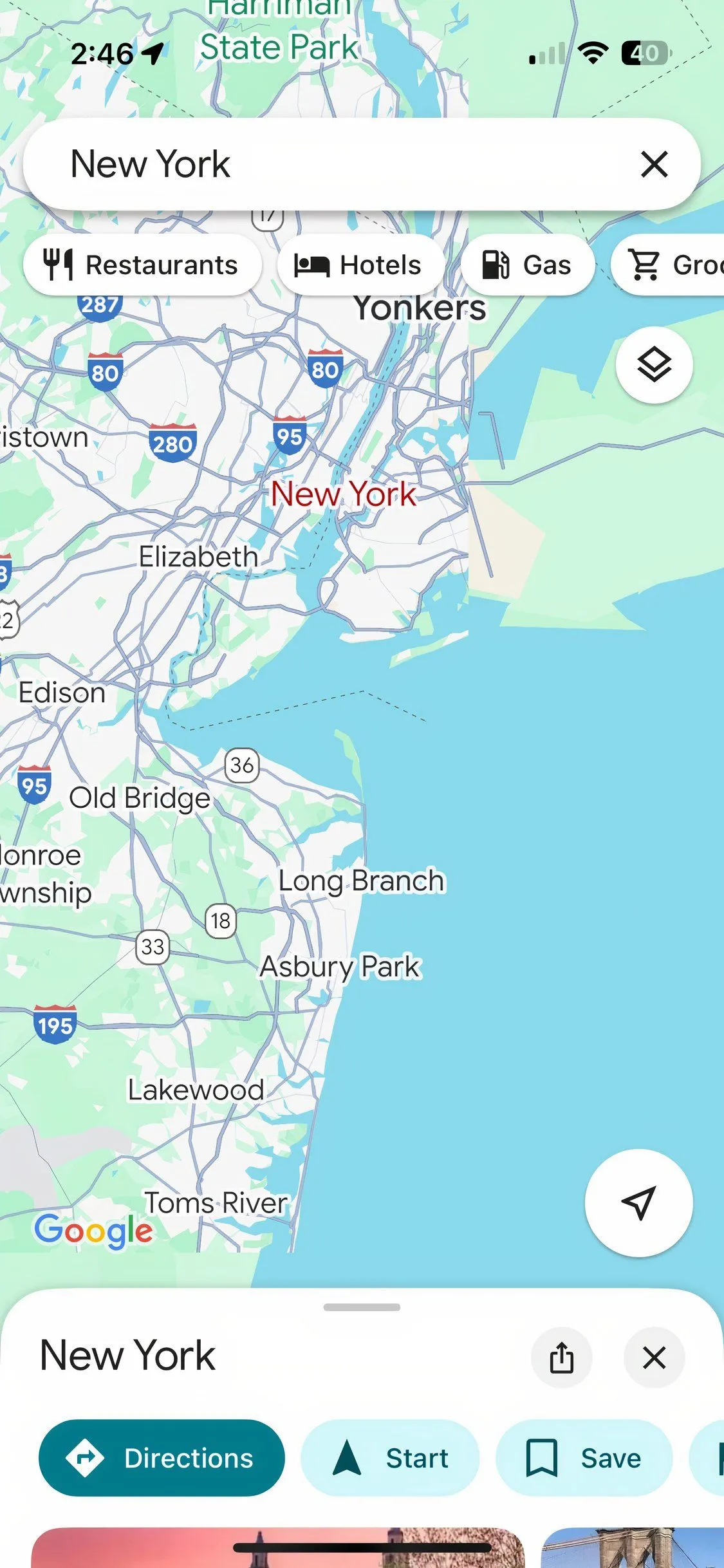 Giao diện ứng dụng Google Maps hiển thị bản đồ New York