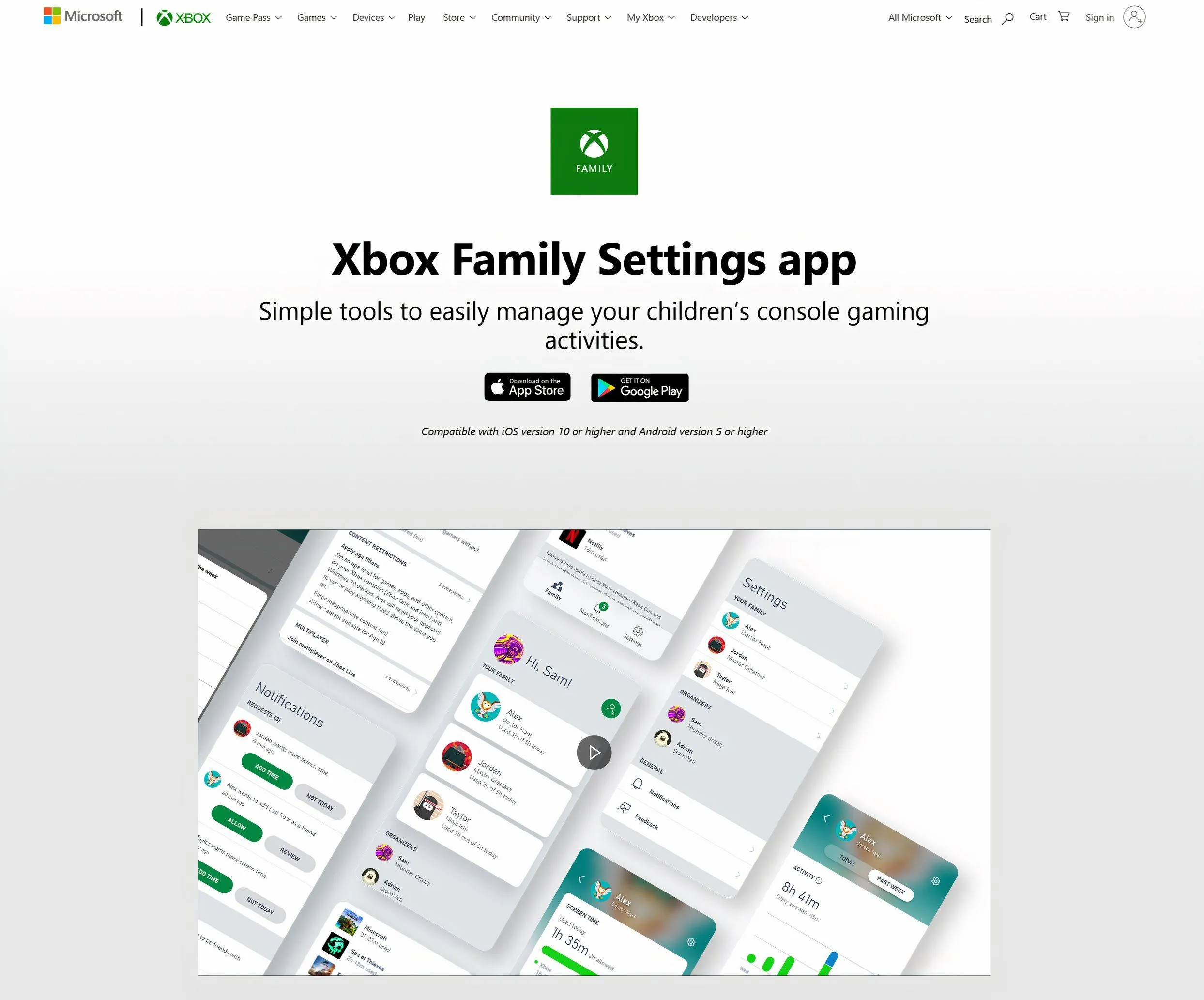Giao diện ứng dụng Microsoft Family Safety minh họa cài đặt giới hạn thời gian sử dụng thiết bị Xbox, hỗ trợ phụ huynh quản lý thời gian chơi game và các hoạt động khác của trẻ.